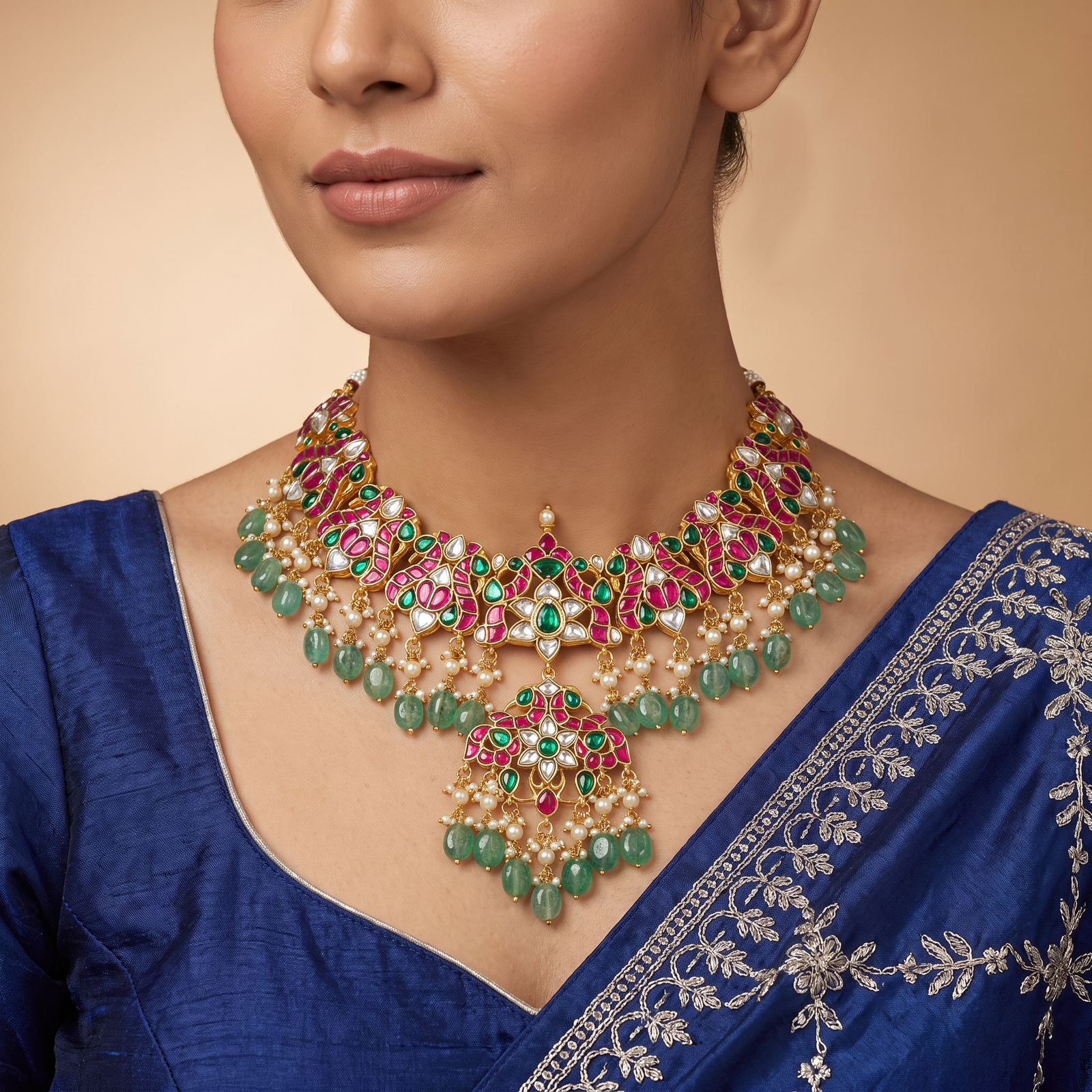 Grand Peacock Jadau Necklace with Chand Pendant