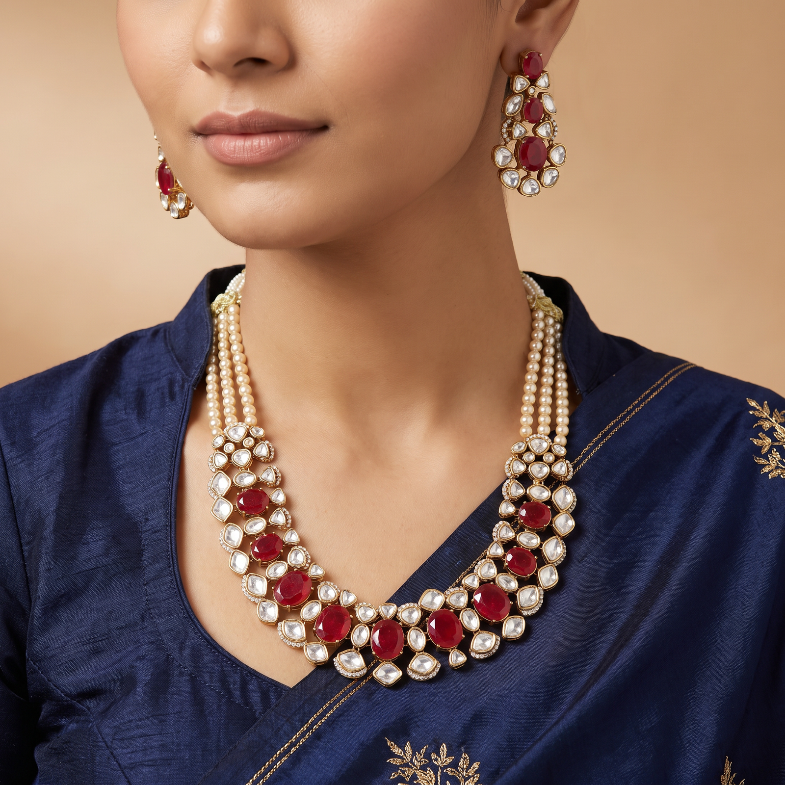 Statement Kundan Beads Necklace with Layered Oval Setting