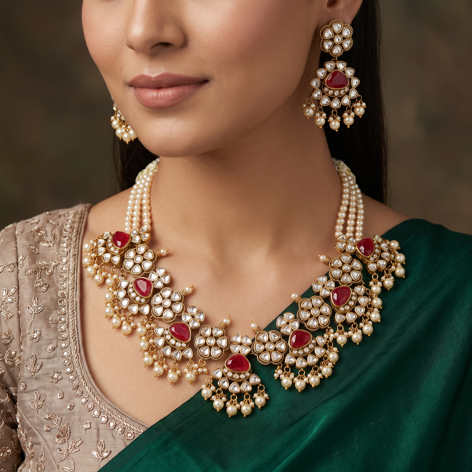 Grand Kundan Pearl Beads Necklace with Floral Links