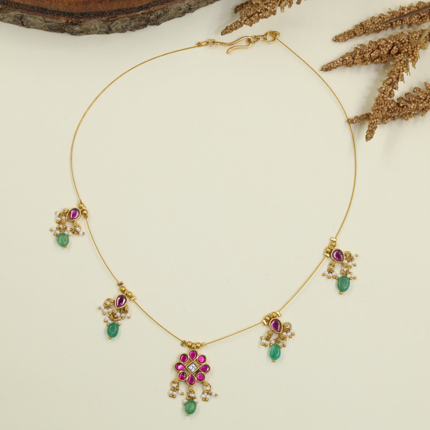 Refined Jadau Necklace with Hanging Floral Pendant