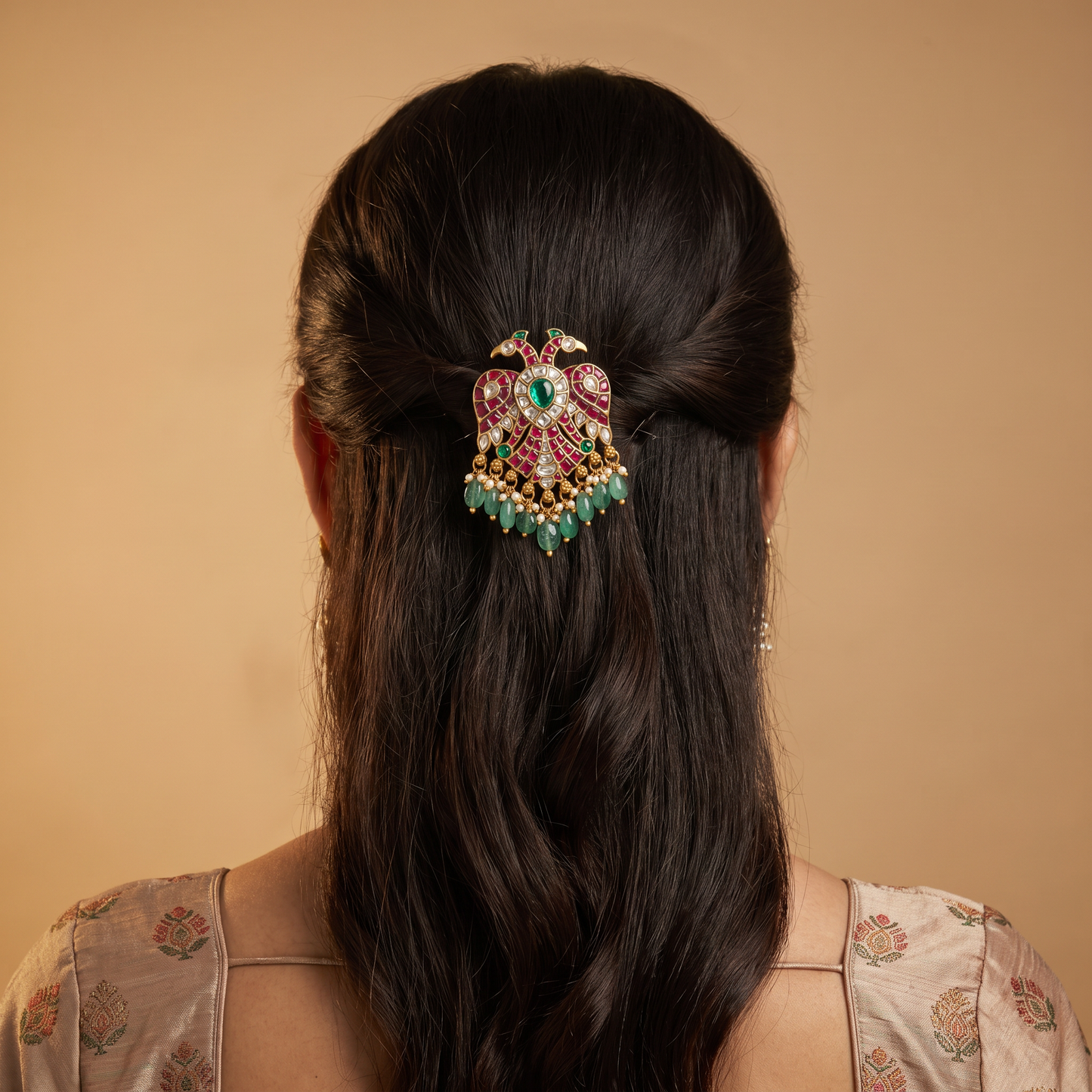 Designer Jadau Peacock Pendant with Hanging Beads