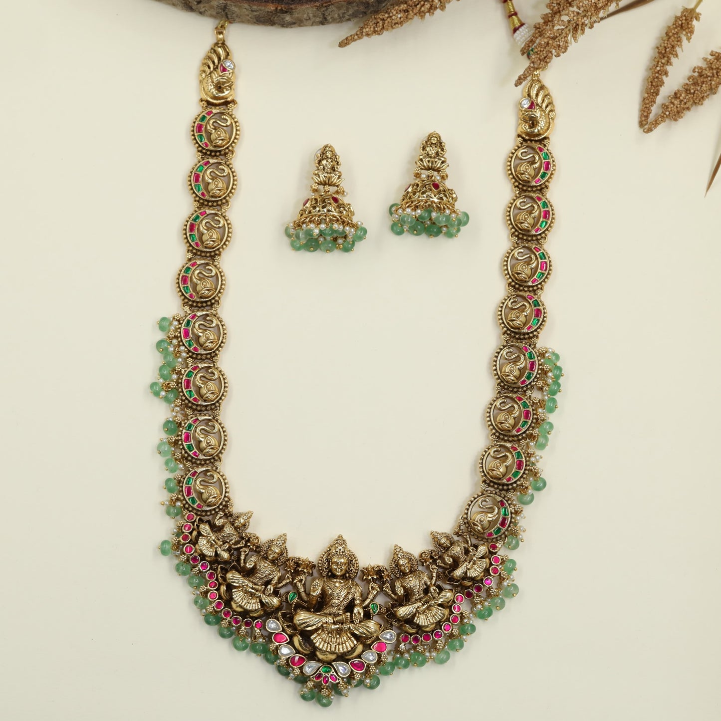 Temple Ceremony Antique Long Haara with Lakshmi and Peacock Styling