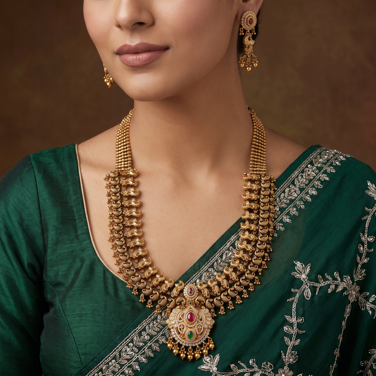 Cultural Antique Long Haara with Traditional Peacock Pendant
