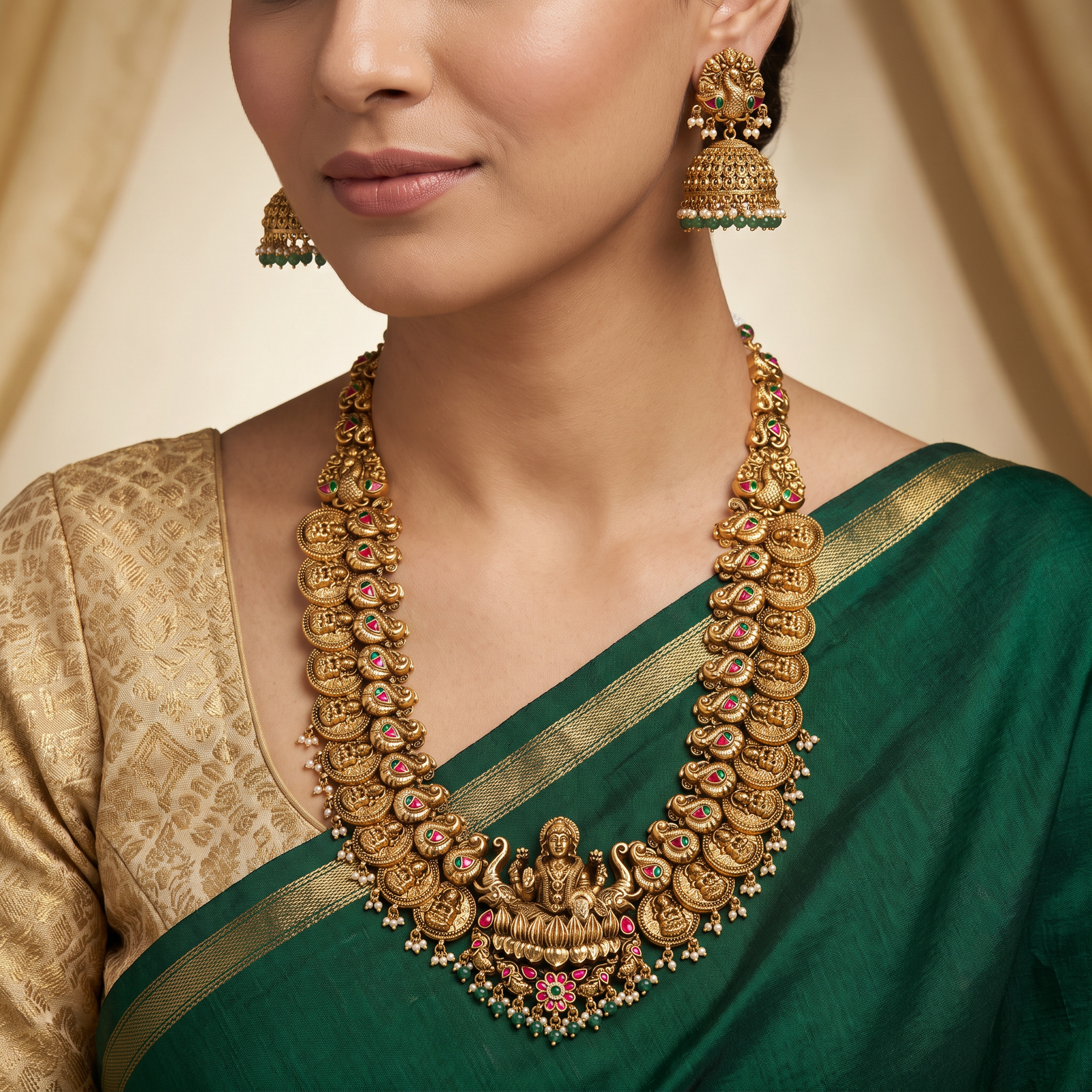 Traditional Antique Long Haara with Peacock and Coin Craftsmanship