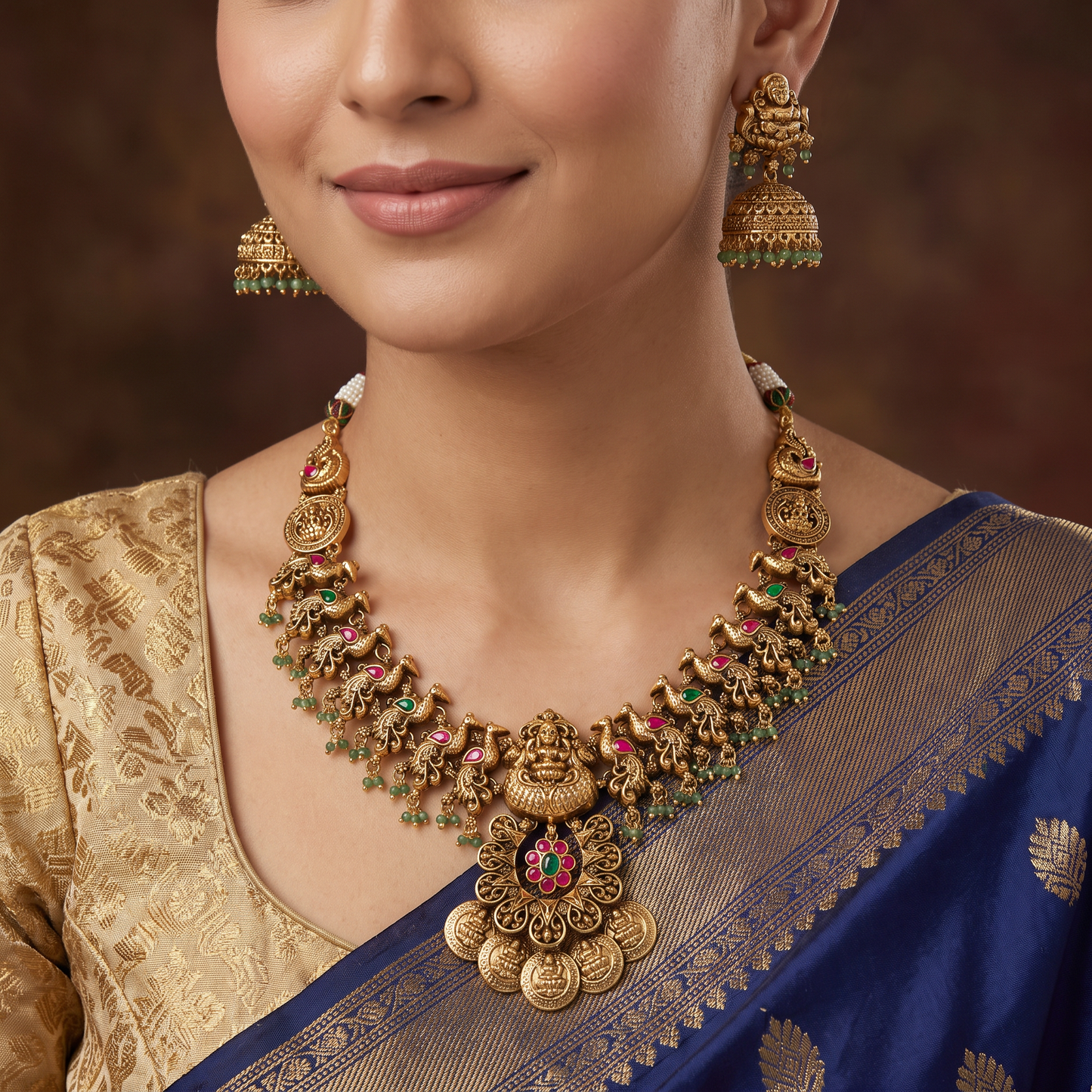 Antique Lakshmi Peacock Necklace with Statement Coin Medallion