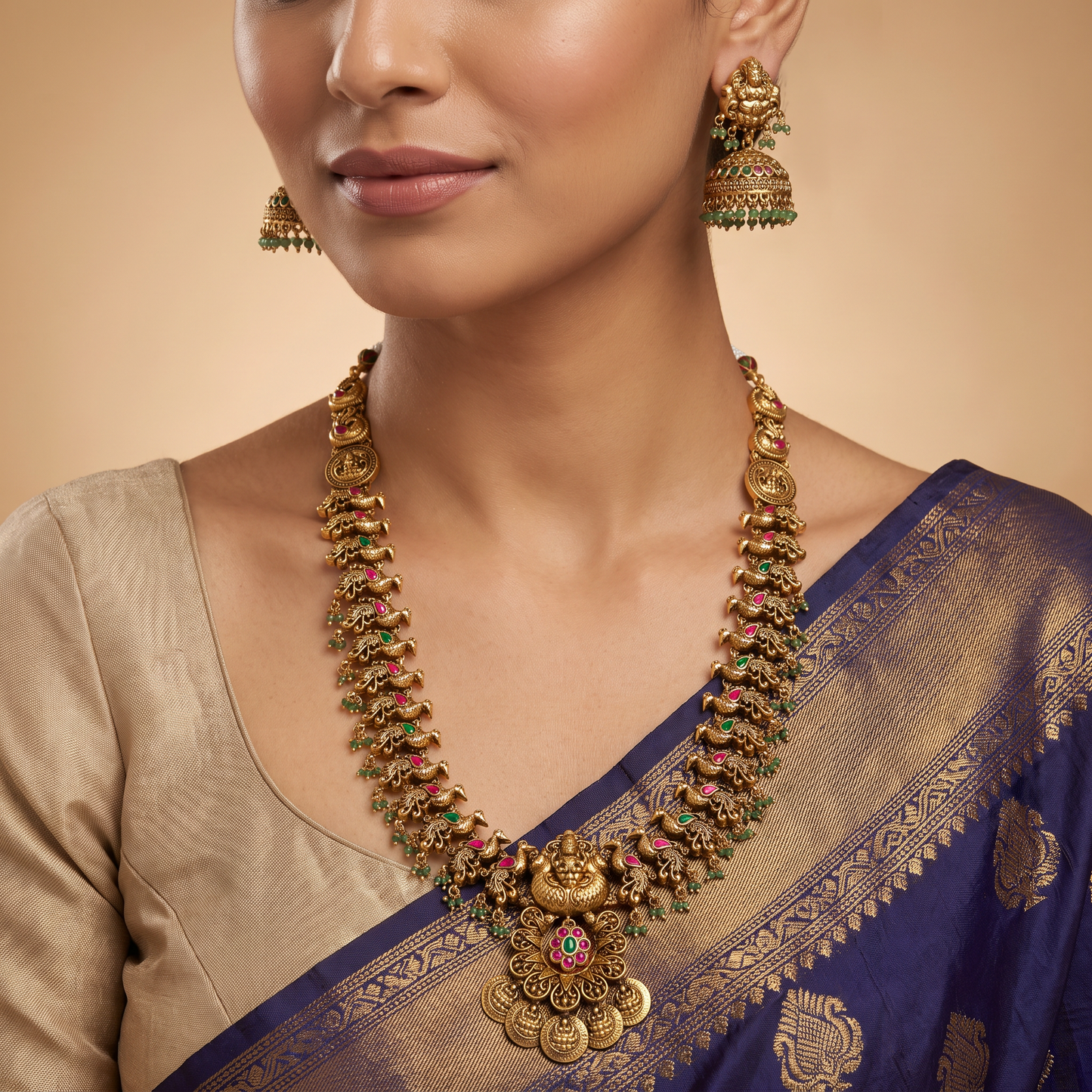 Cultural Classic Antique Long Haara with Traditional Temple Artistry