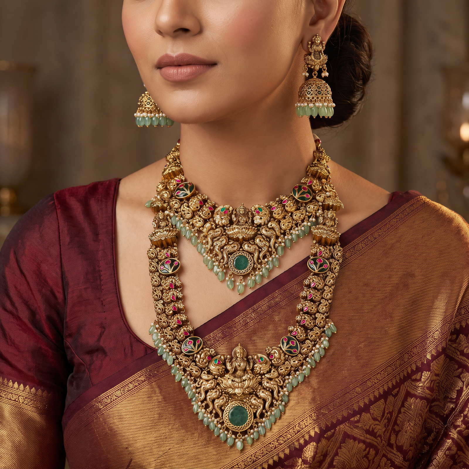 Handcrafted Peacock Link Antique Combo Set with Temple Elegance