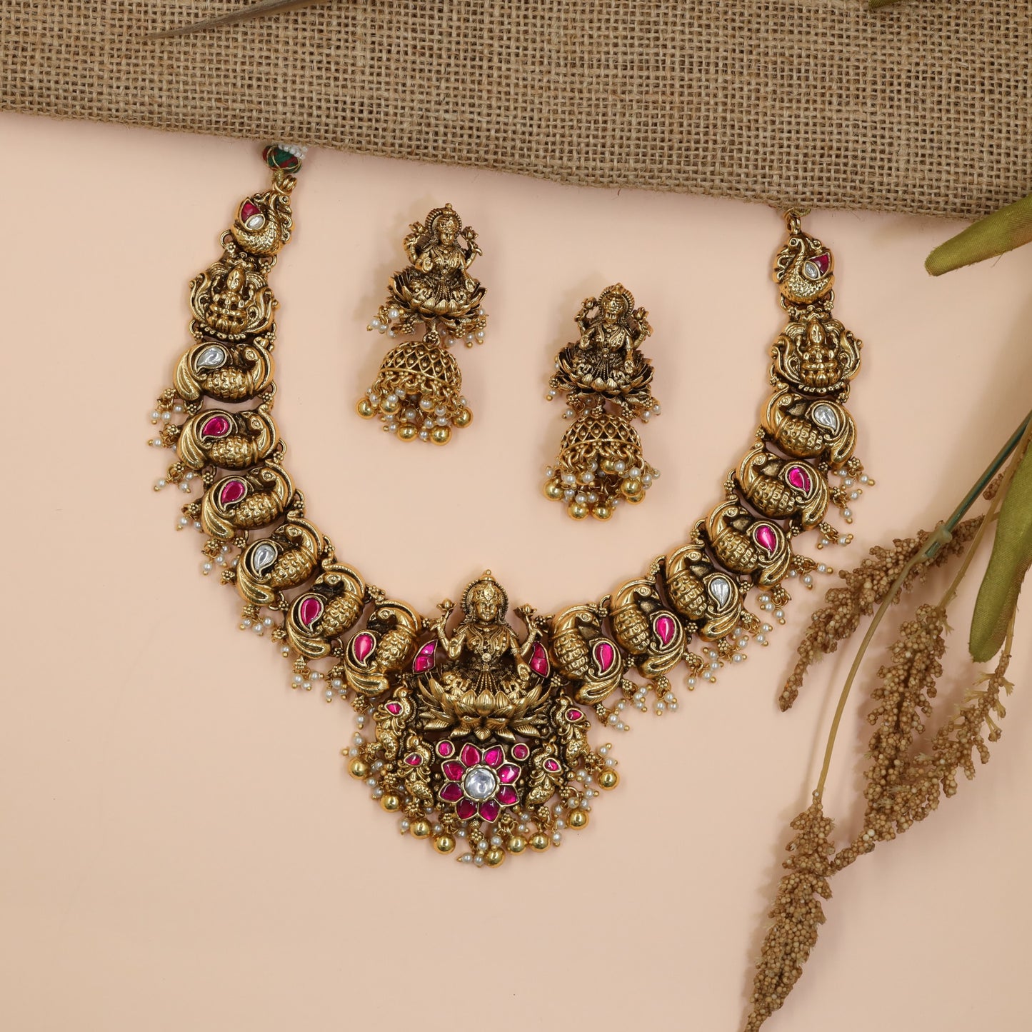 Grand Bridal Antique Necklace Featuring Lakshmi Pendant and Traditional Paisley Pattern