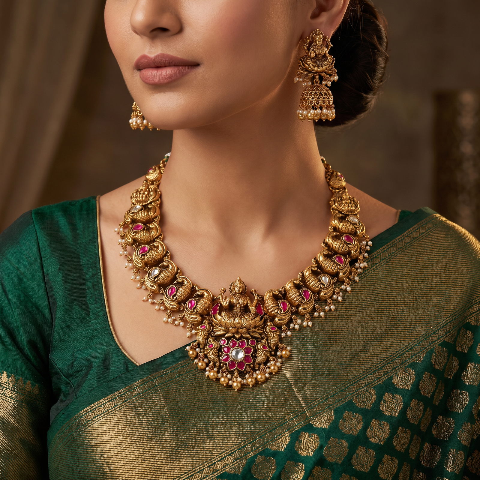 Grand Bridal Antique Necklace Featuring Lakshmi Pendant and Traditional Paisley Pattern
