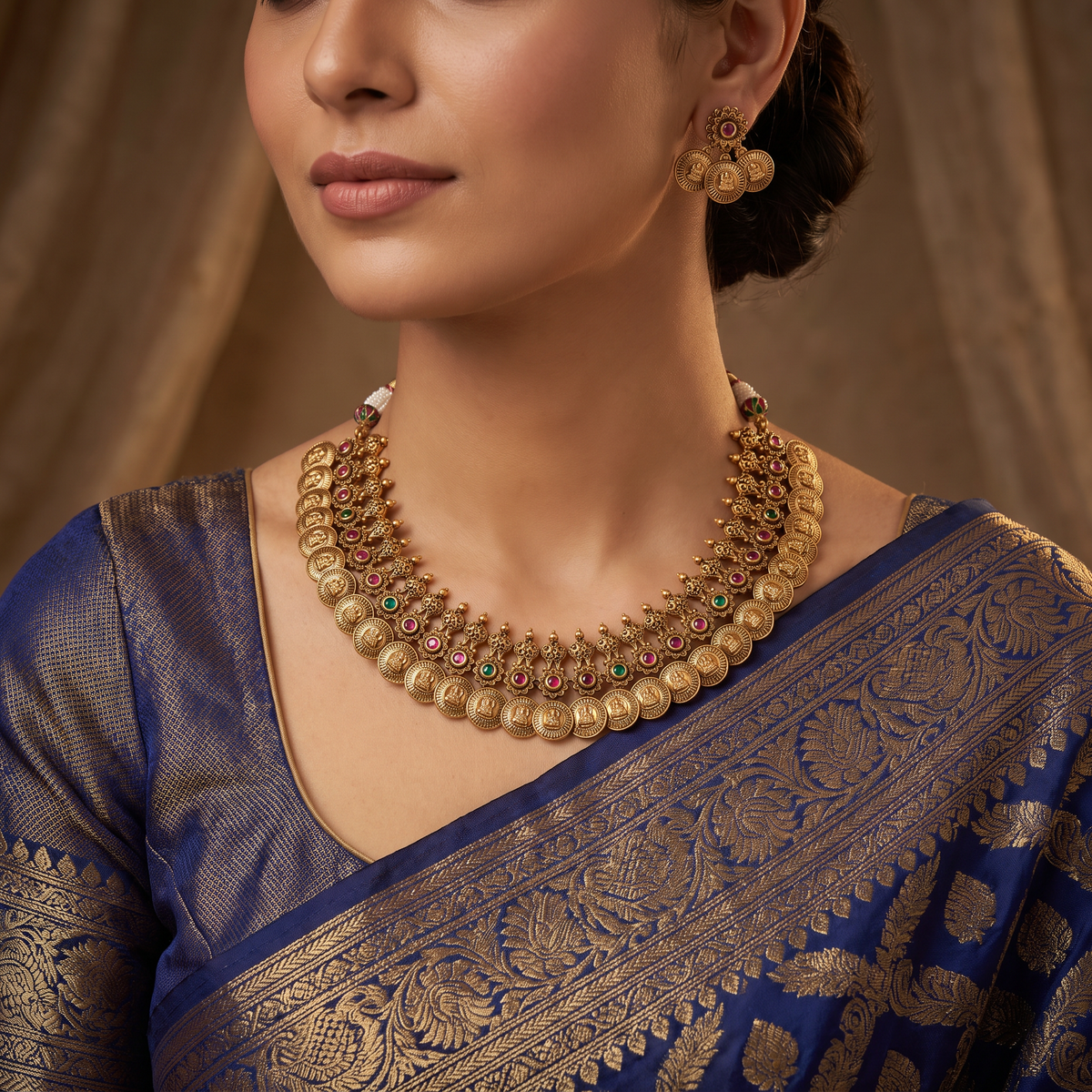 Lakshmi Coin Antique Necklace Set with Floral Openwork