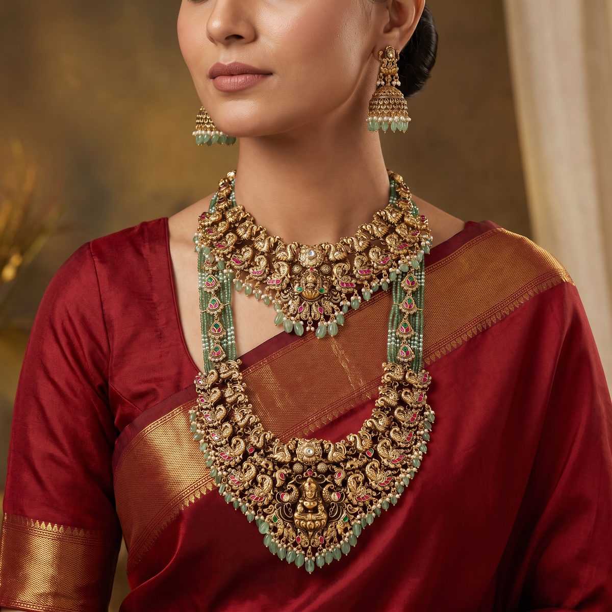 Multi-Strand Peacock Lakshmi Antique Combo Set