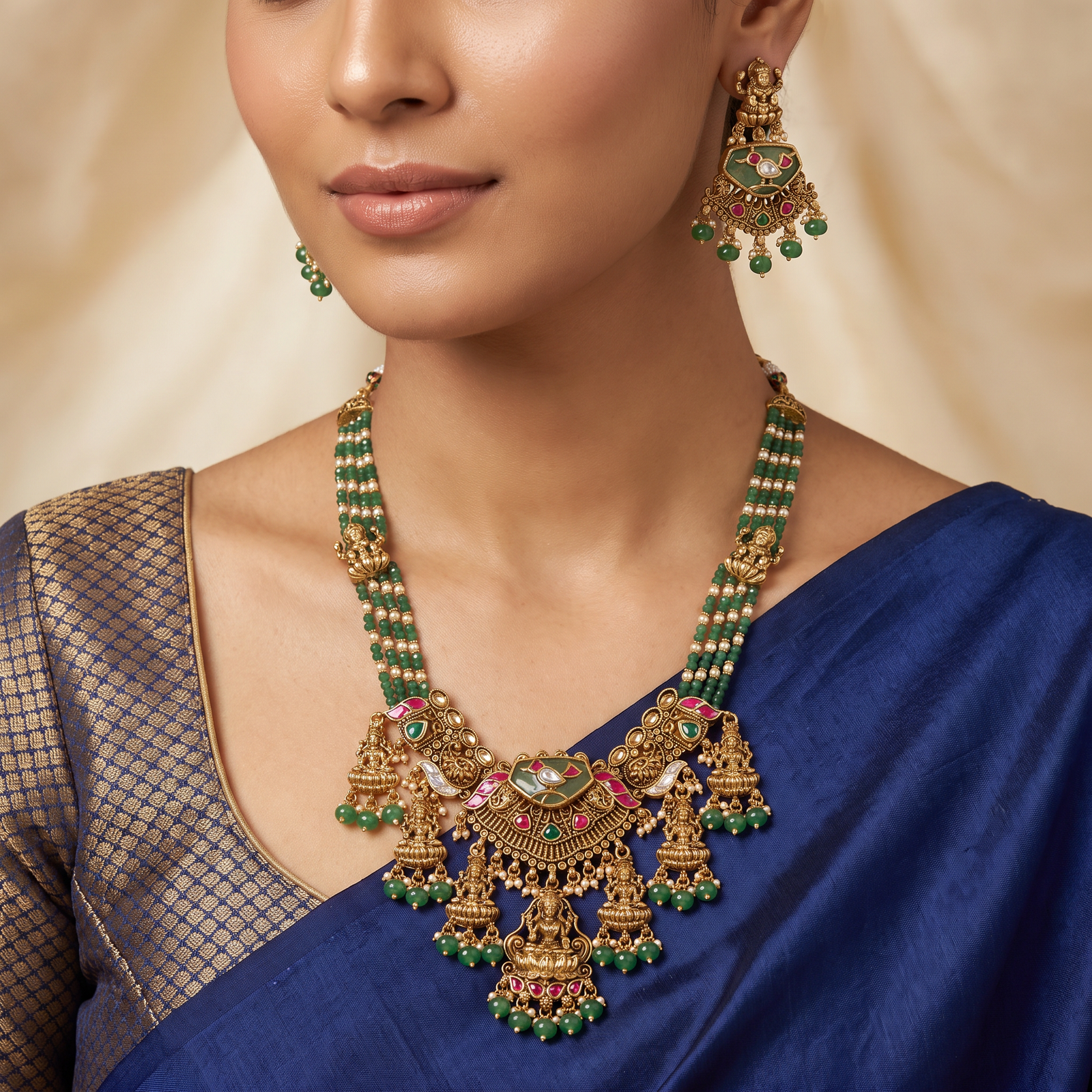 Devotional Collection Antique Necklace with Handcrafted Lakshmi Pendant