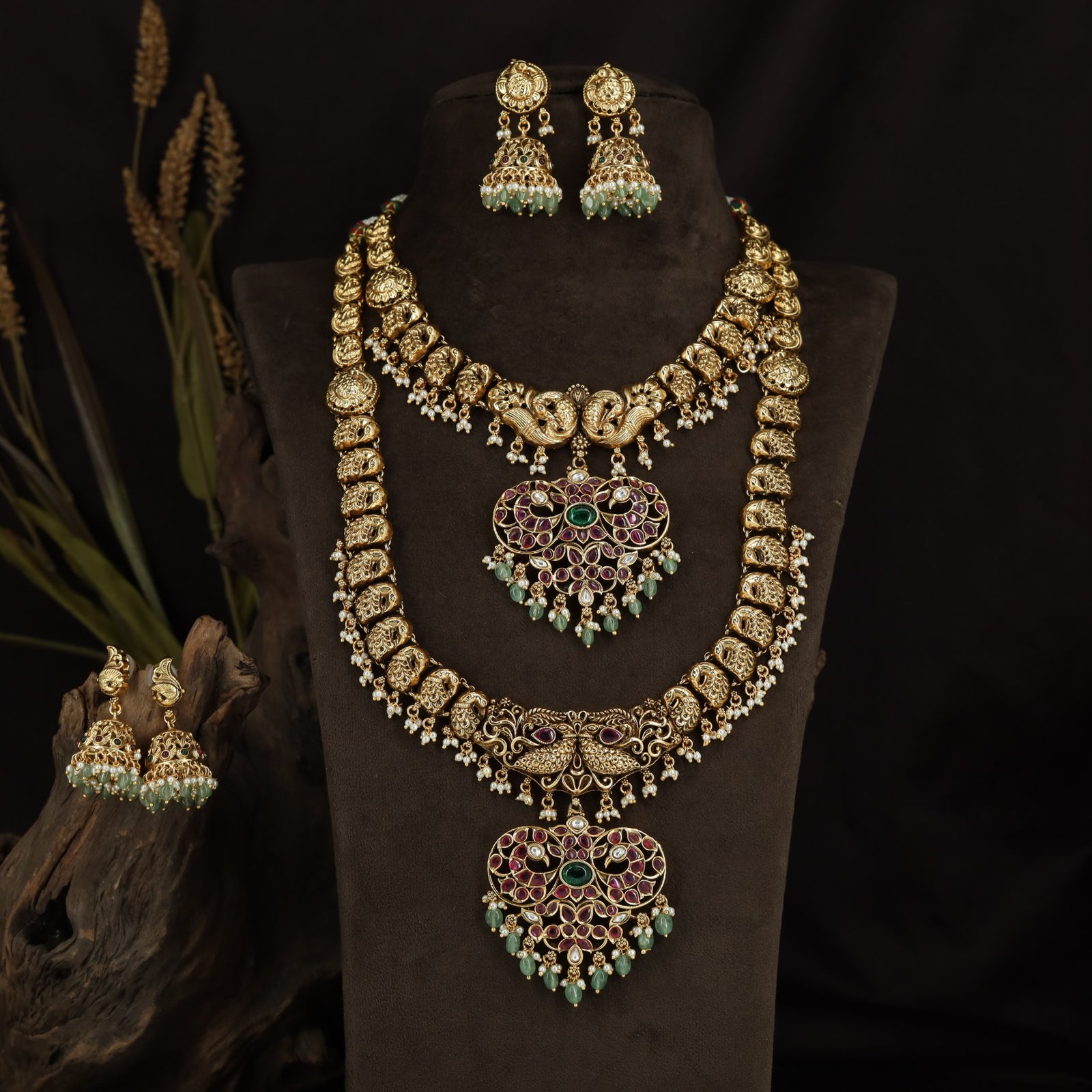 Twin Peacock Antique Combo Set with Statement Filigree Pendants