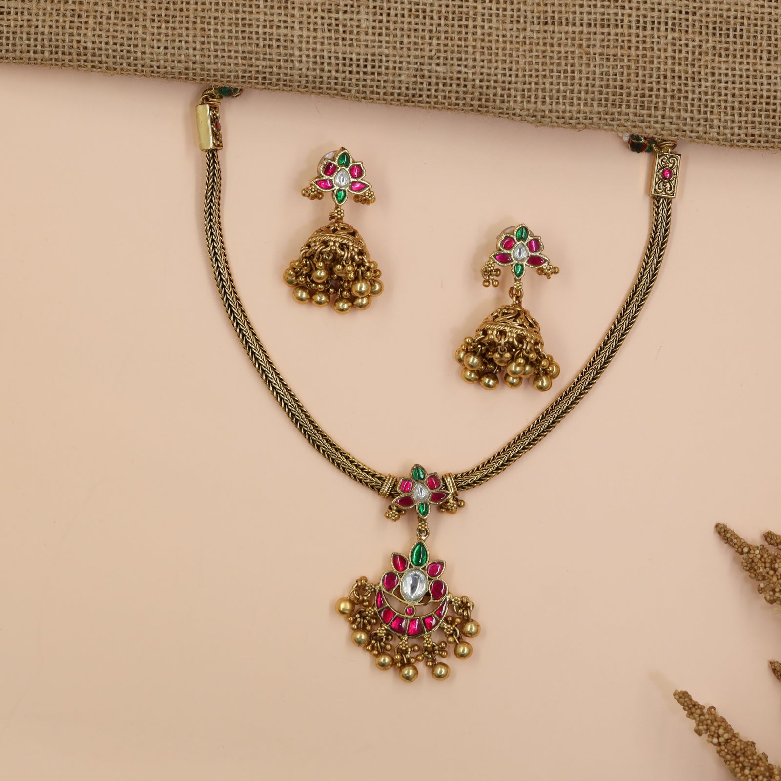 Braided Antique Chain with Floral Pendant and Ornamental Jhumka Drop