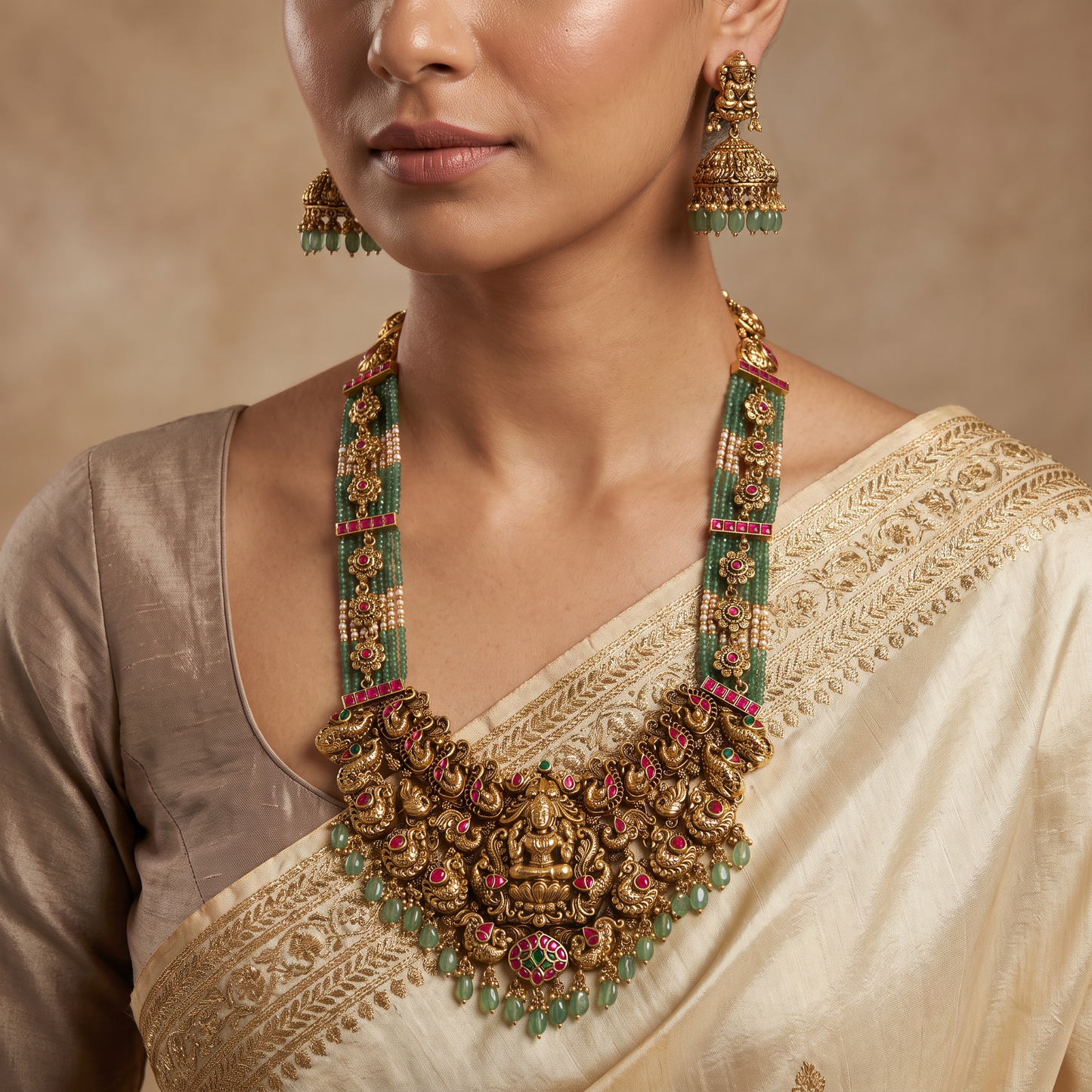 Traditional Antique Temple Long Haara with Timeless Peacock Heritage Appeal