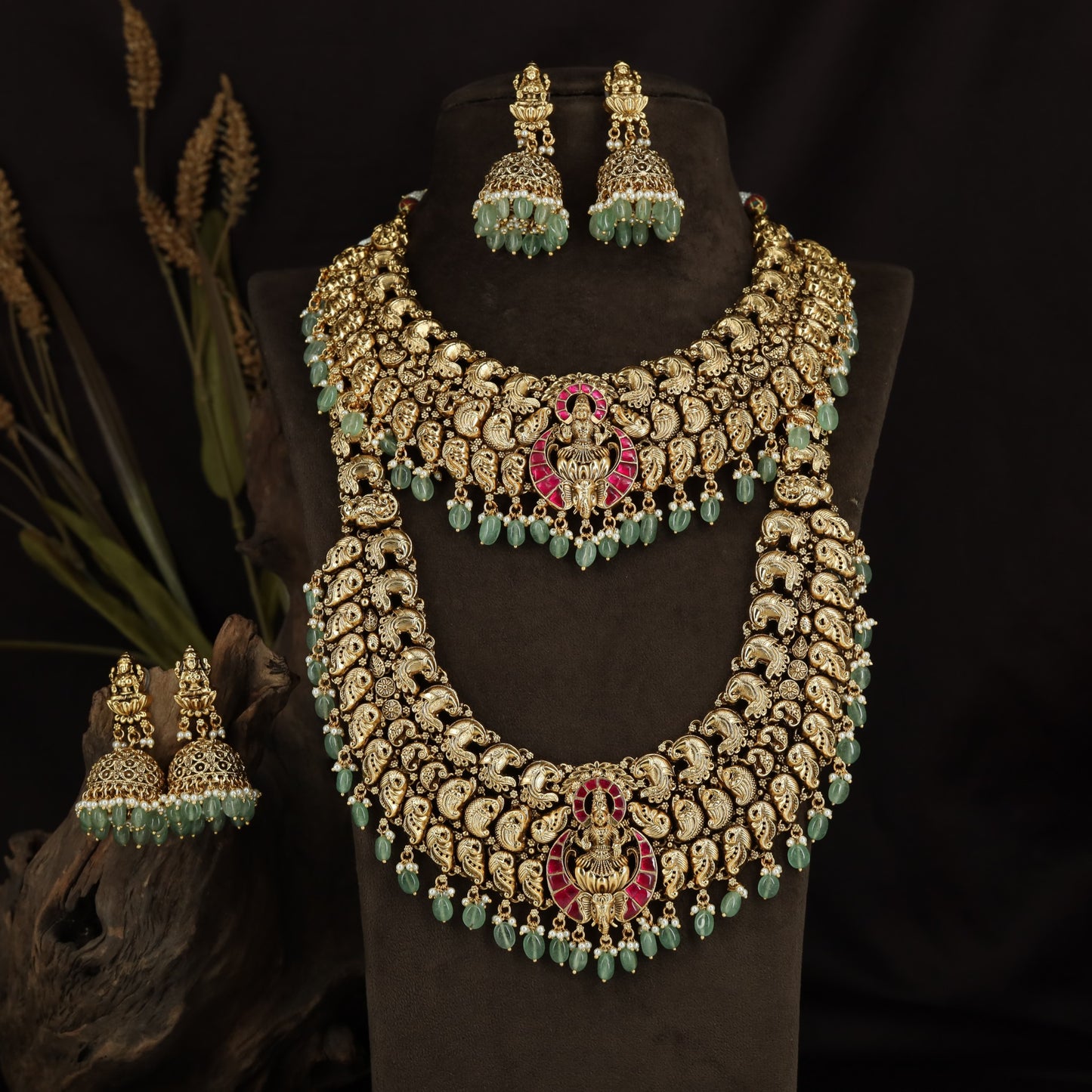 Peacock Link Antique Combo Set with Lakshmi Temple Pendants