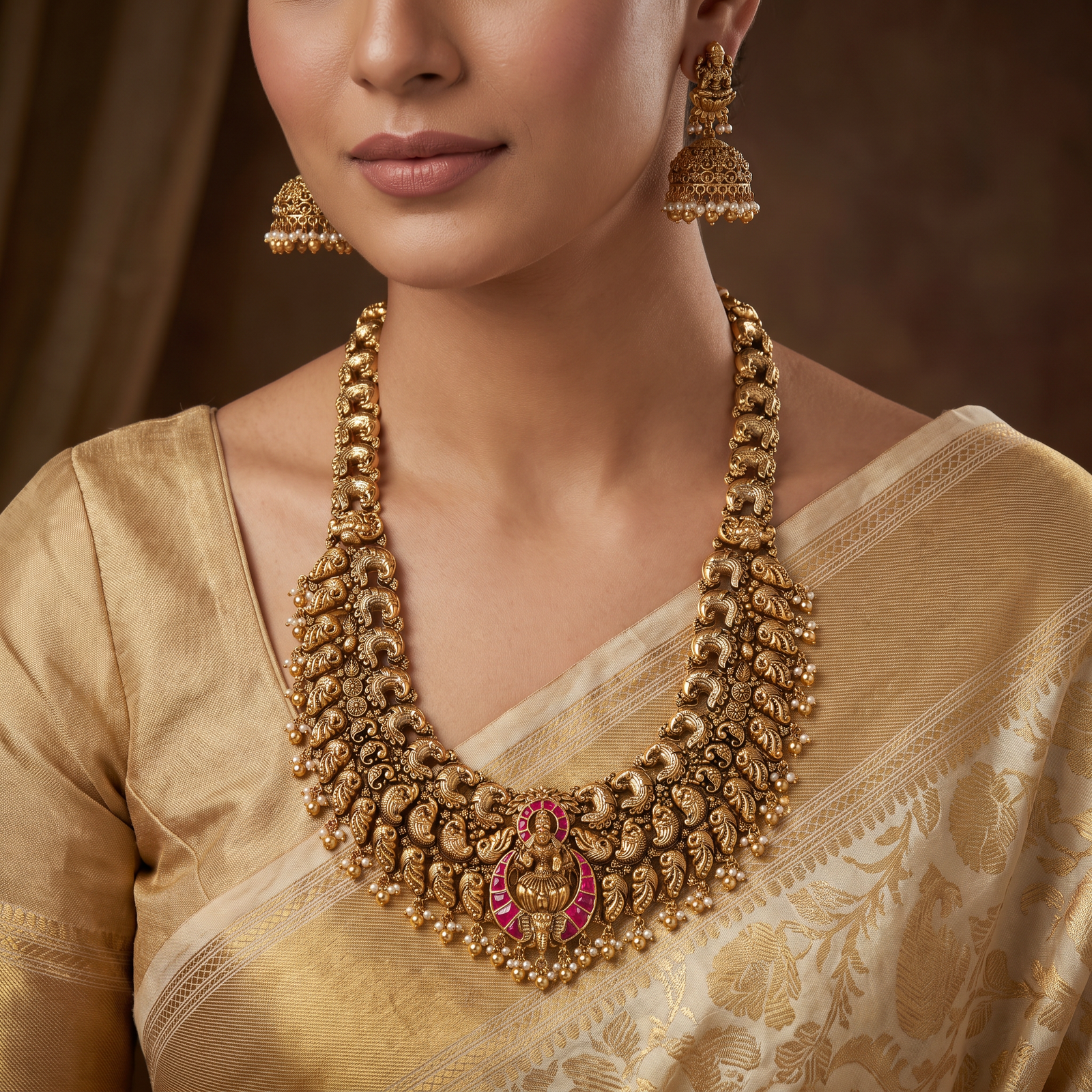 Grand Antique Temple Long Haara with Intricate Peacock Links