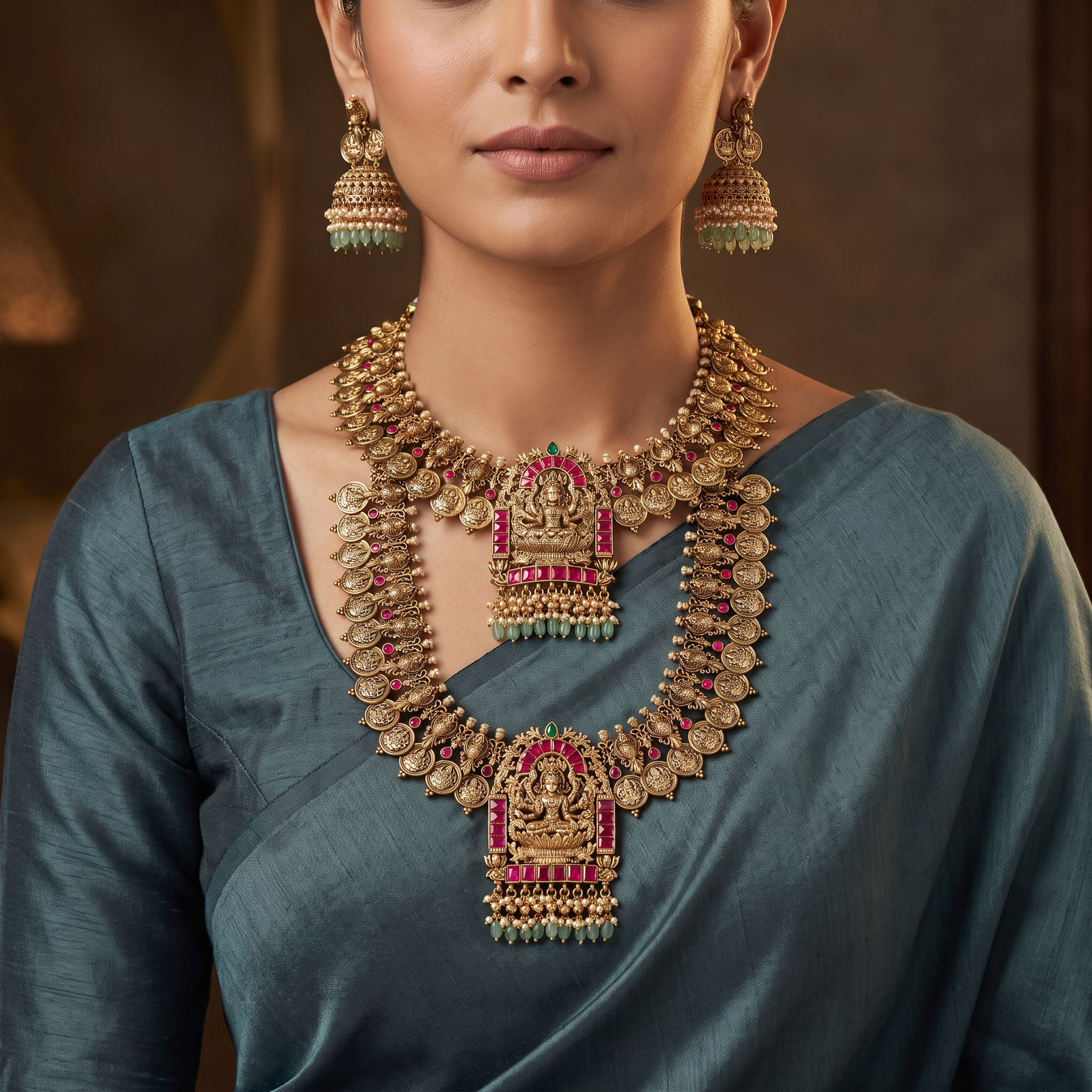 Heritage Antique Combo Set Featuring Lakshmi Temple Shrine Pendants
