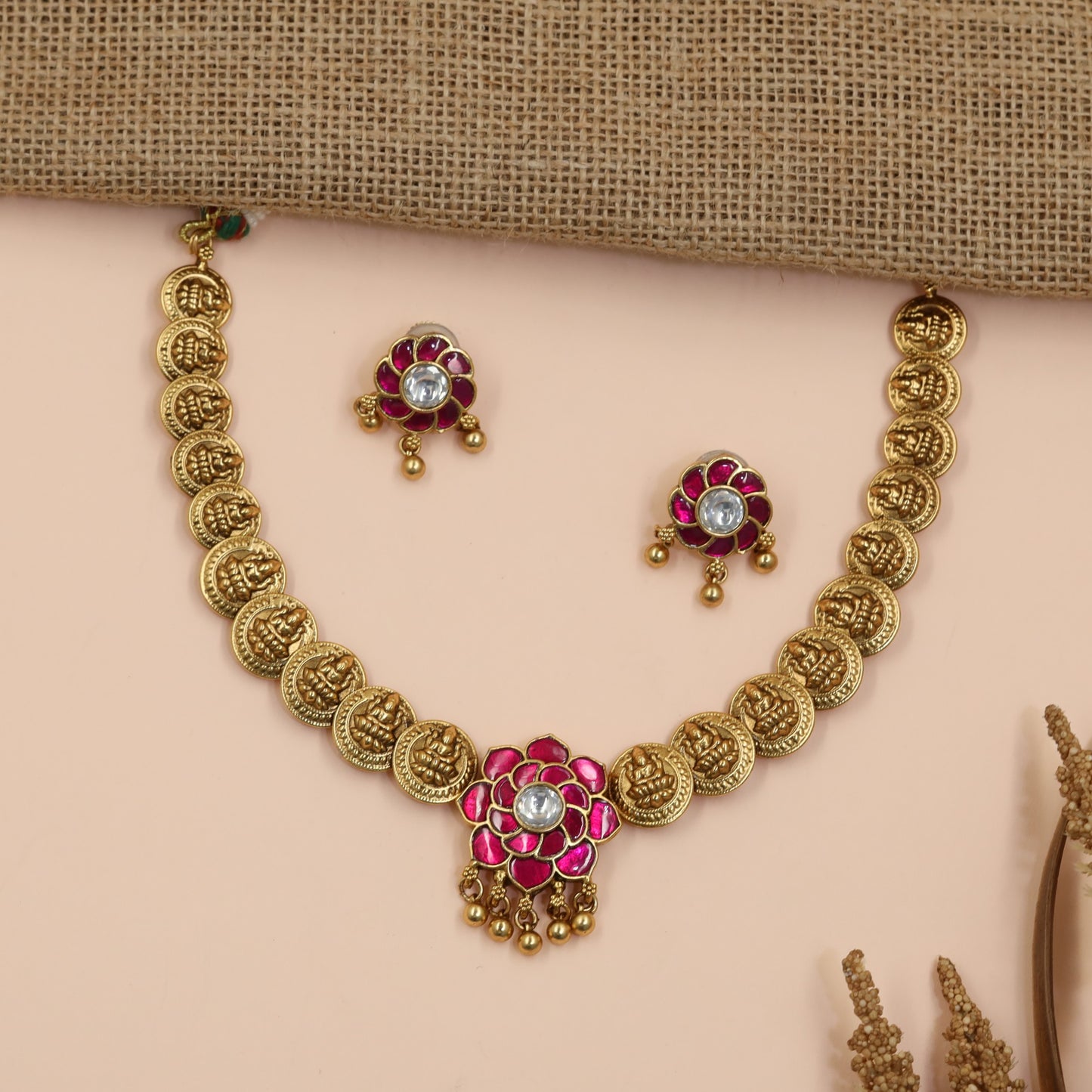 Lakshmi Coin Antique Necklace with Floral Centrepiece and Traditional Drop Design