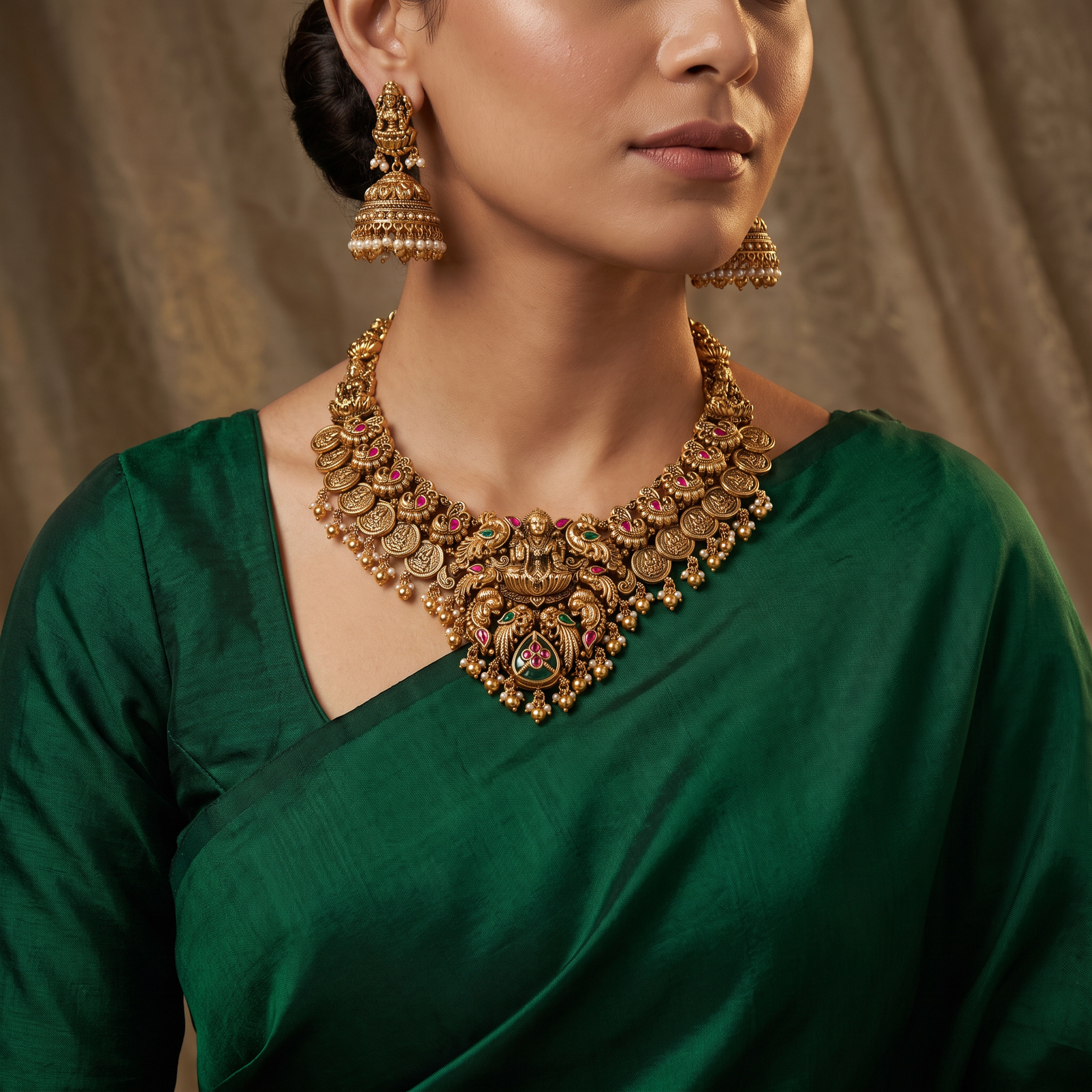 Handcrafted Antique Necklace with Lakshmi and Peacock Craftsmanship