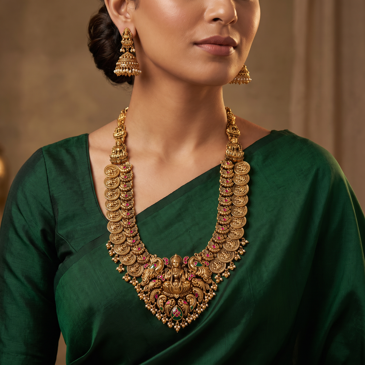 Grand Antique Peacock Long Haara Set with Pendant