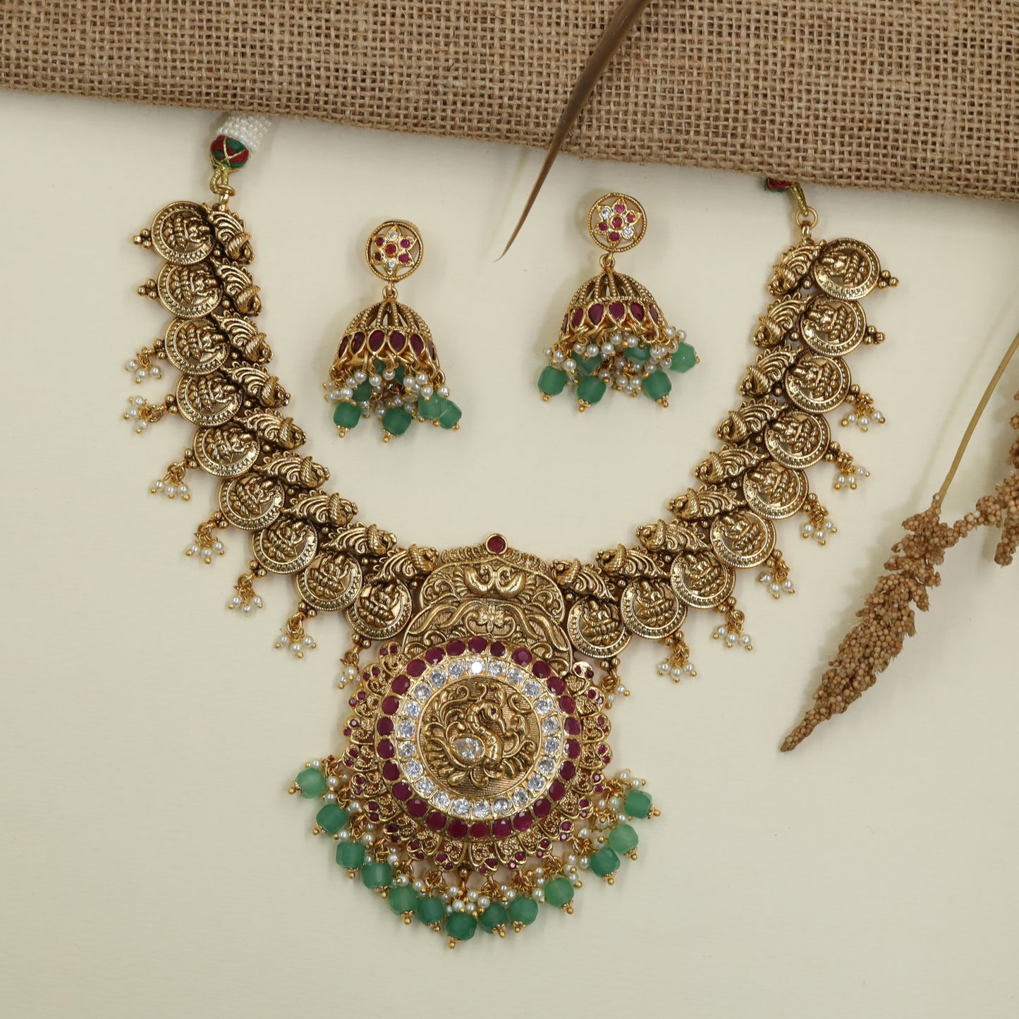 Royal Antique Necklace with Traditional Coin and Peacock Detailing