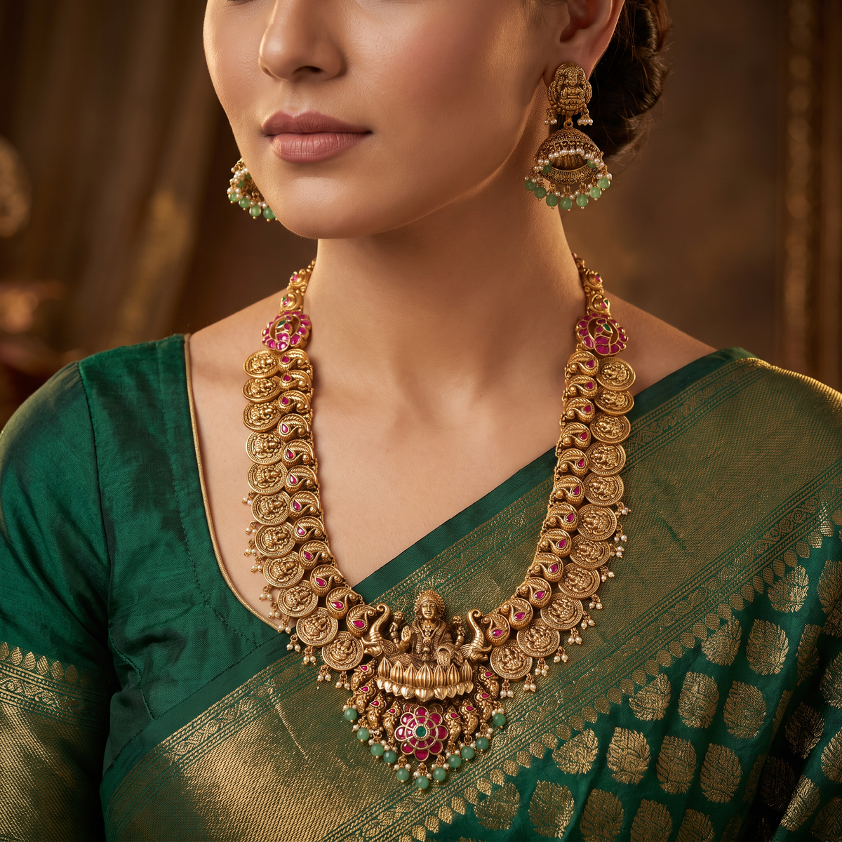 Gajalakshmi Antique Long Haara Set with Peacock Links