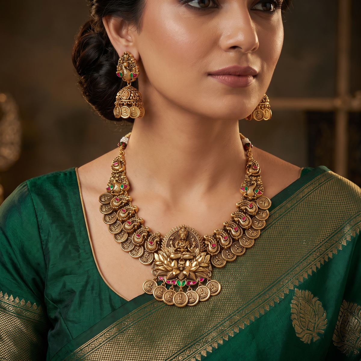 Signature Antique Peacock Necklace Set with Temple Links