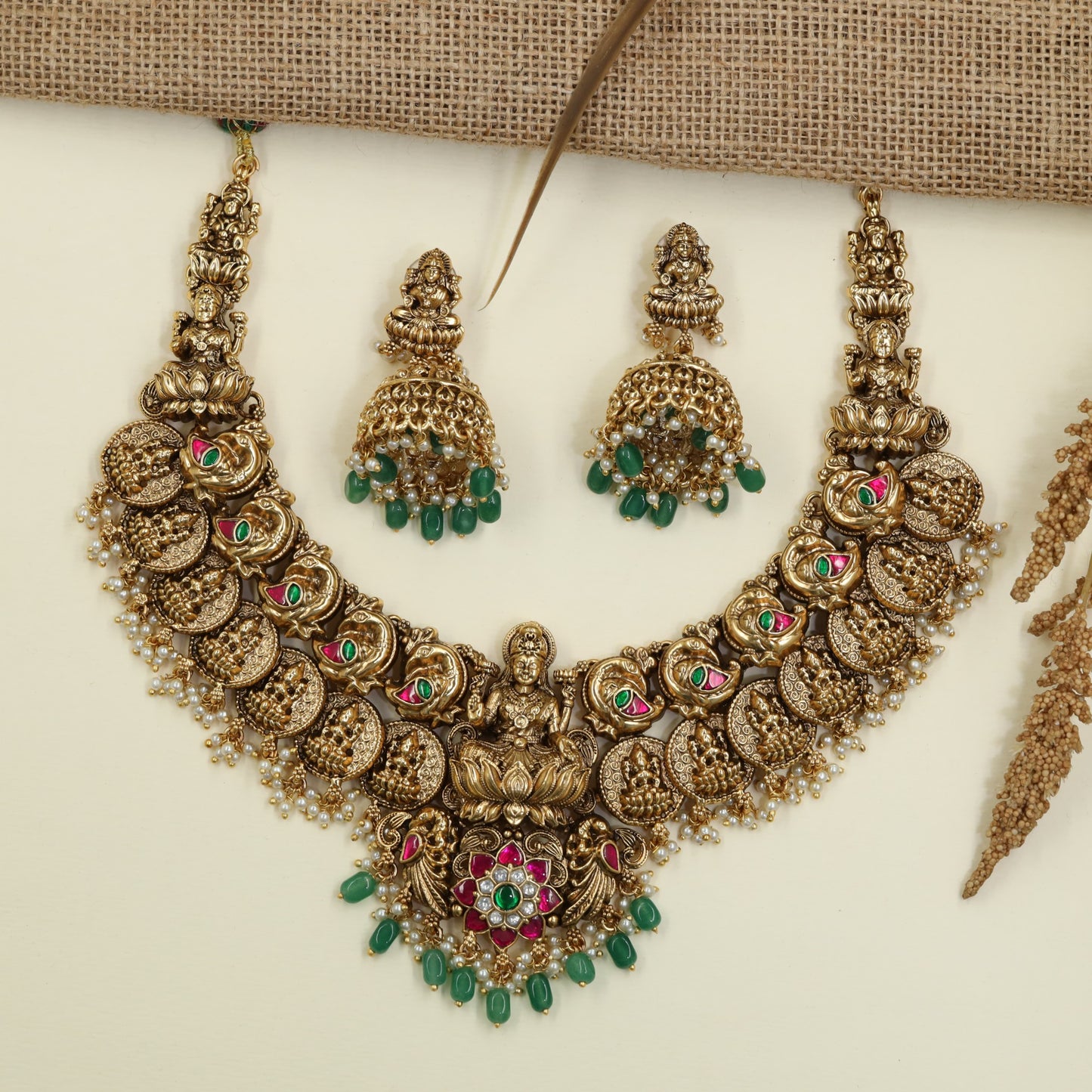 Premium Antique Necklace with Peacock Links and Lakshmi Centerpiece
