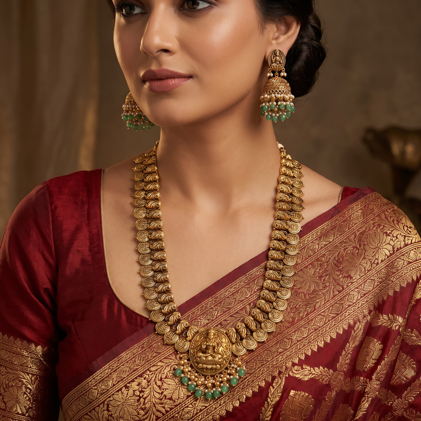 Handcrafted Antique Long Haara with Peacock Link Design and Coin Detailing