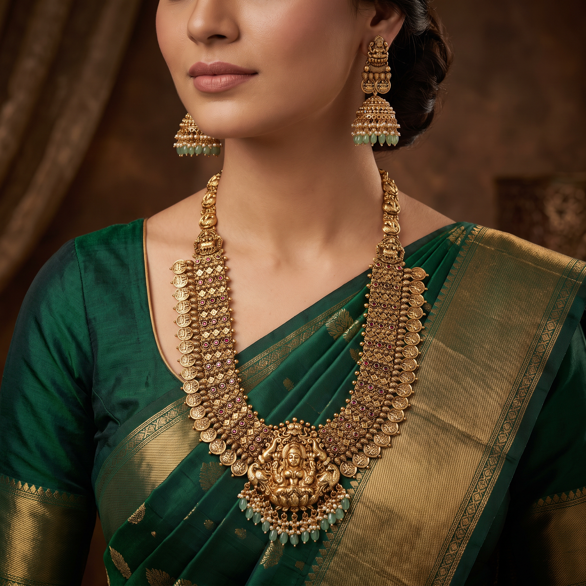 Royal Gajalakshmi Antique Long Haara Set with Coin Border