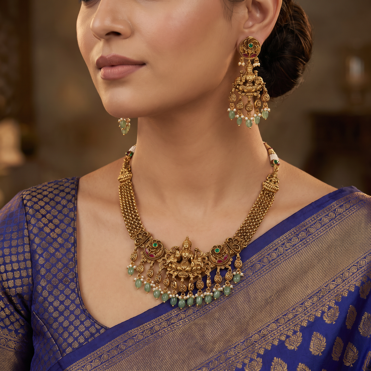 Bridal Gajalakshmi Antique Necklace Set with Temple Design