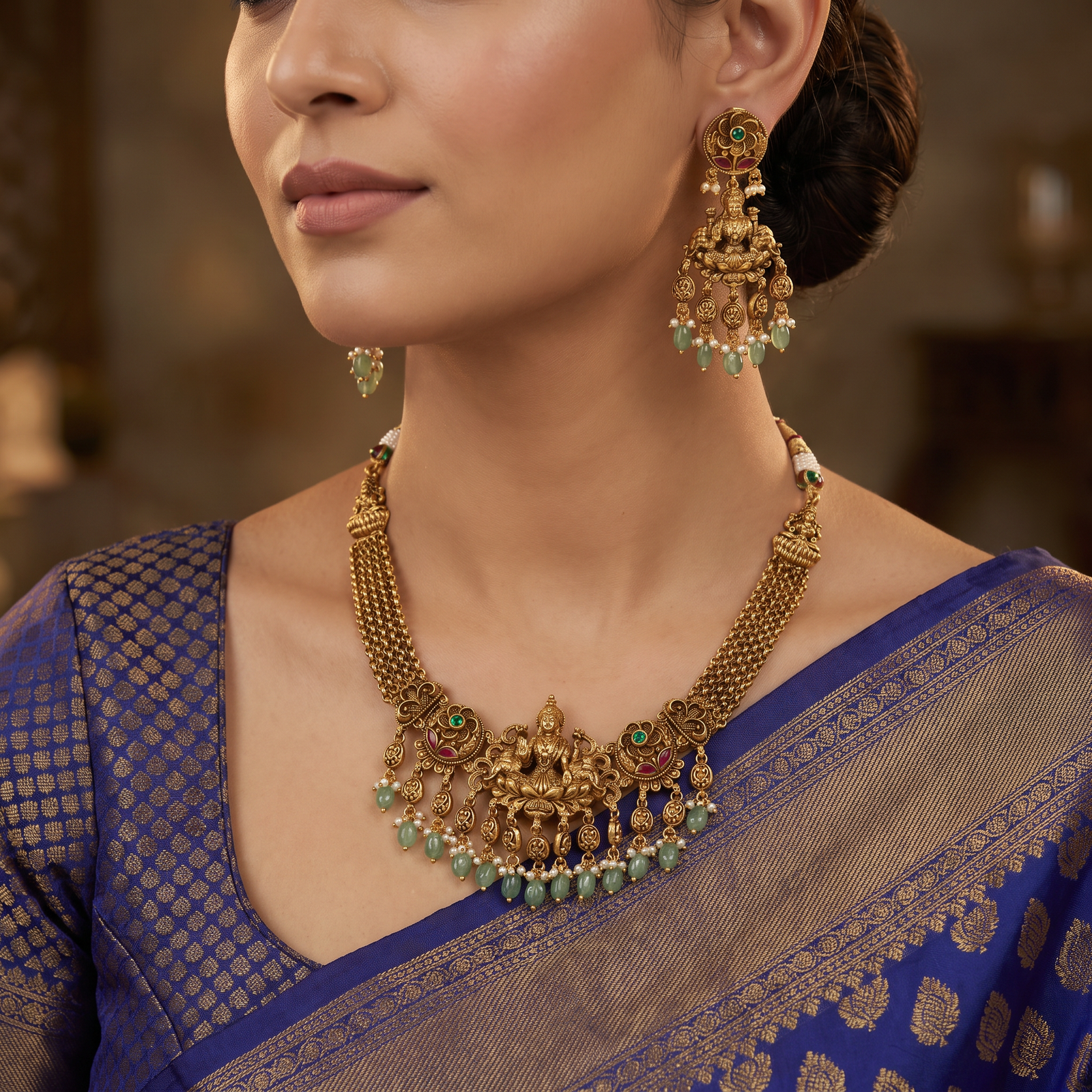 Bridal Antique Necklace Featuring Gajalakshmi Temple Design
