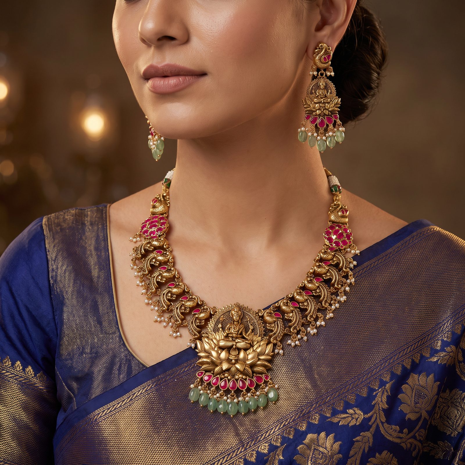 Exclusive Antique Necklace with Lakshmi Lotus Temple Design