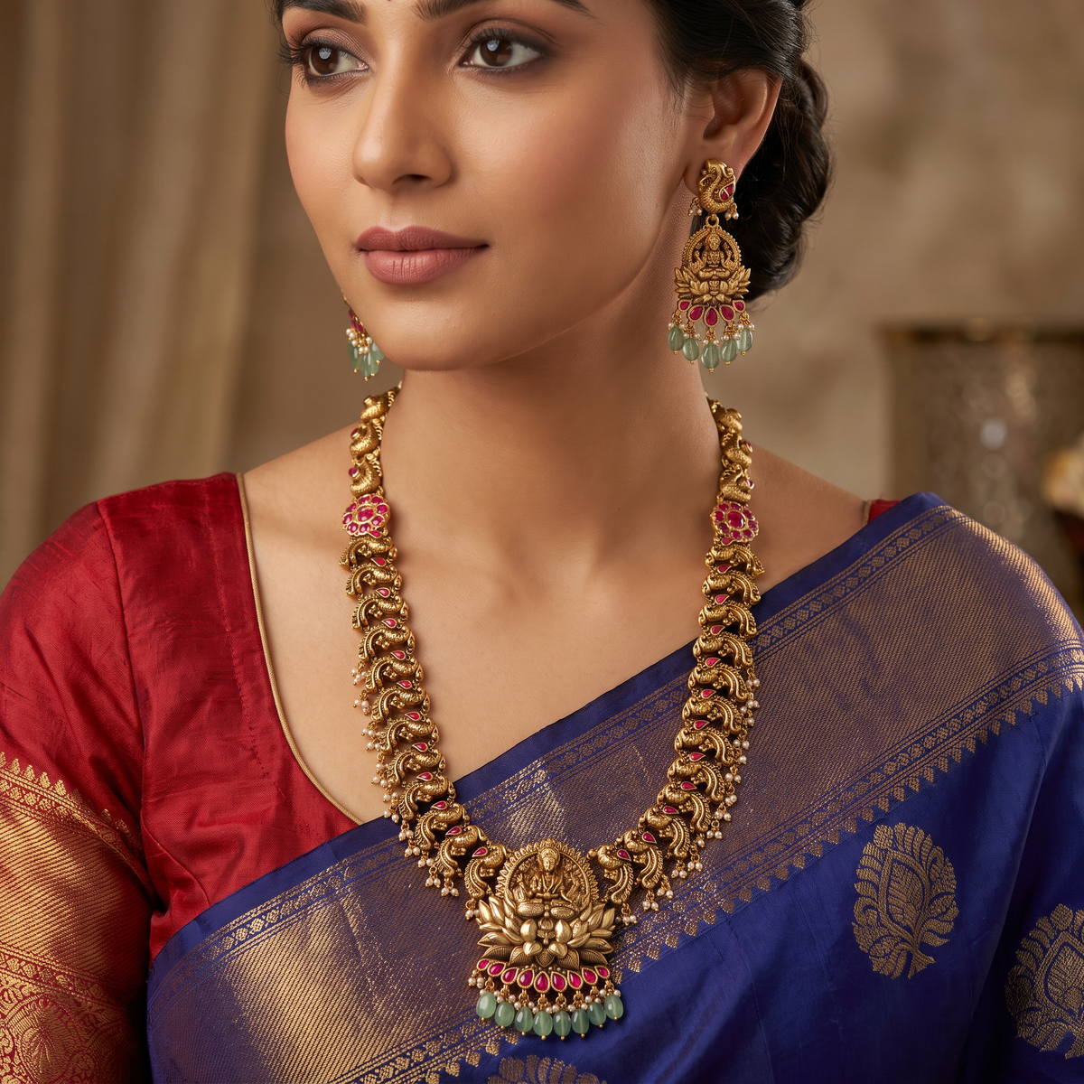 Premium Lakshmi Antique Long Haara Set with Temple Centre