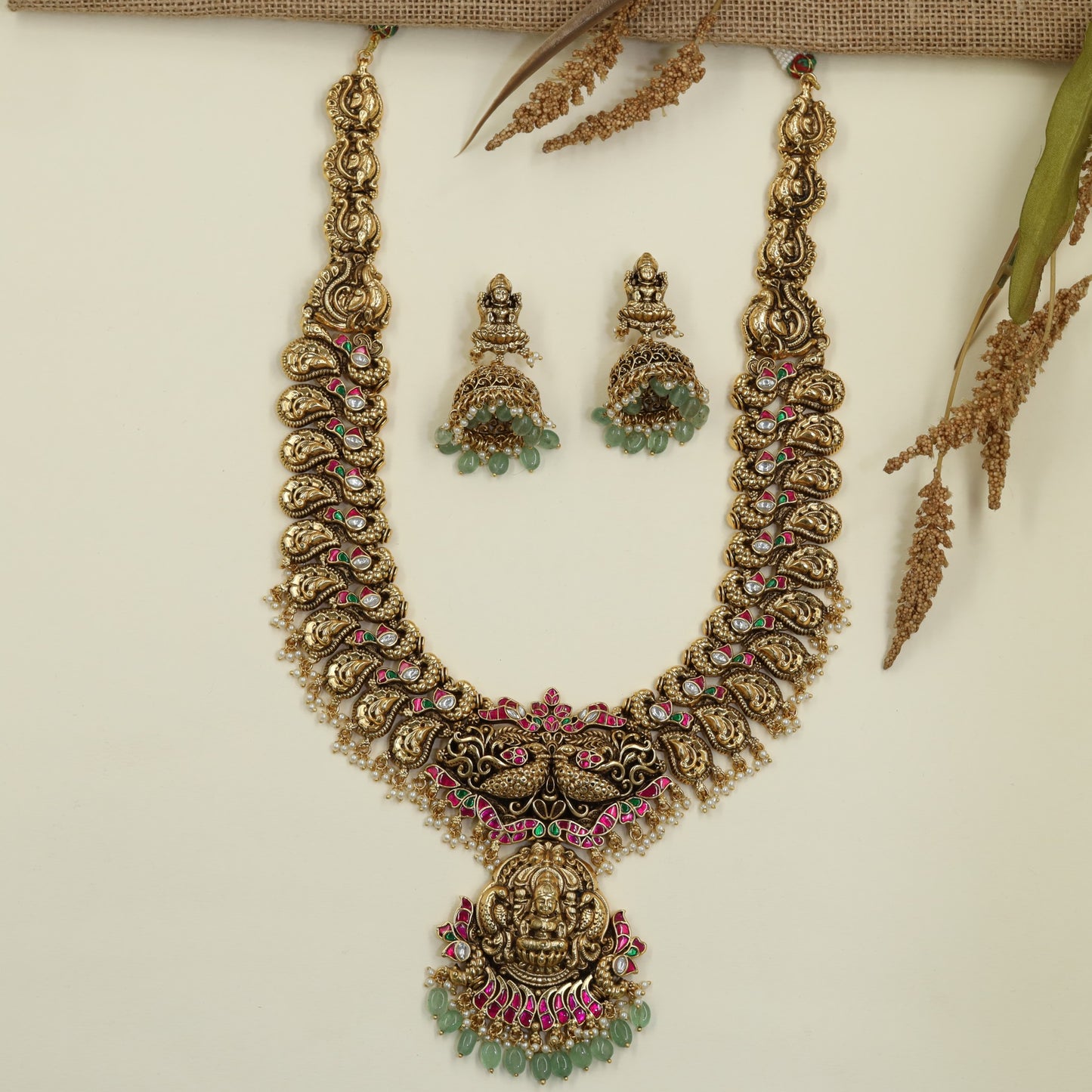 Royal Antique Long Haara with Lakshmi Pendant and Peacock Design