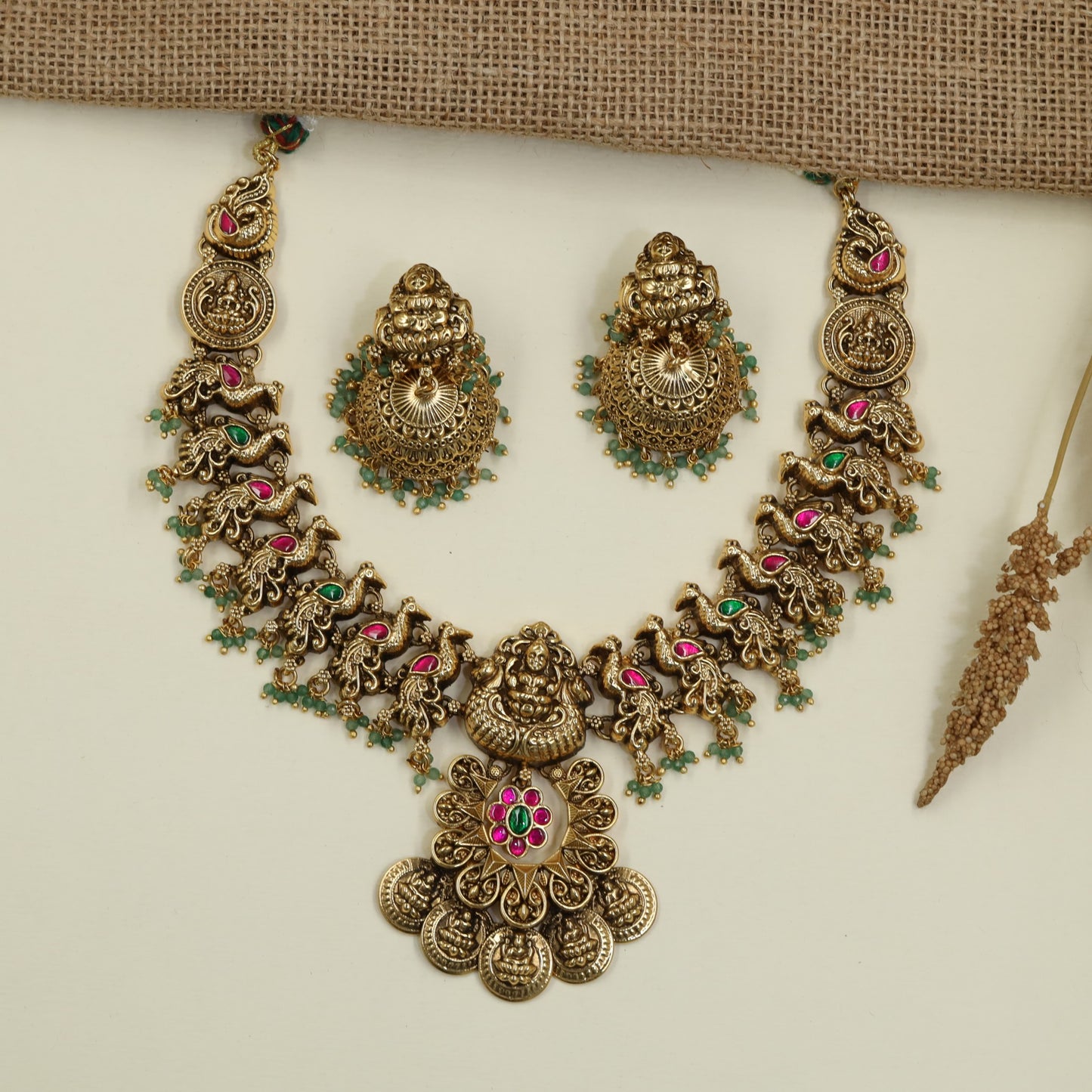 Antique Heritage Necklace with Lakshmi Pendant and Coin Drops