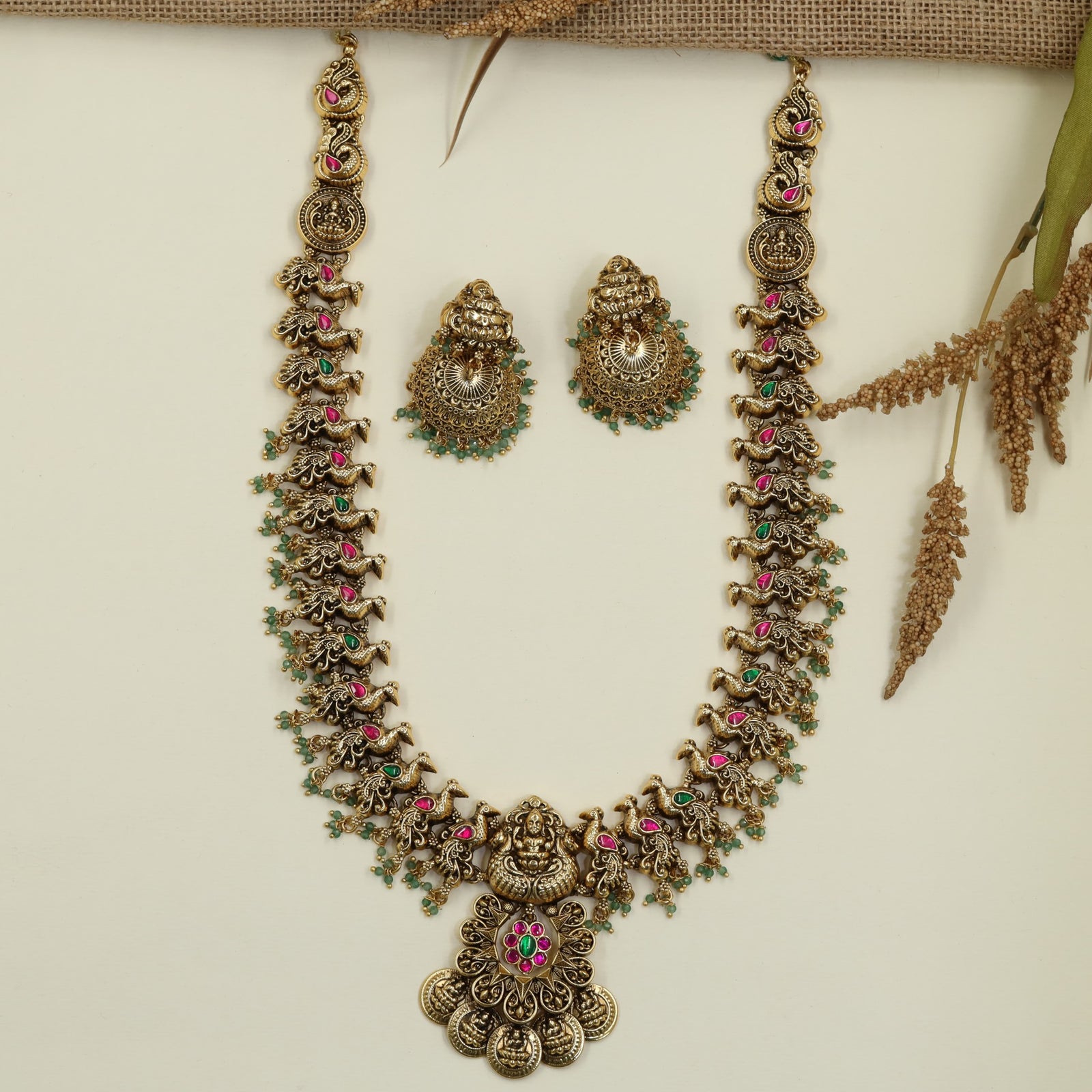 Antique Heritage Long Haara with Lakshmi Pendant and Coin Drops