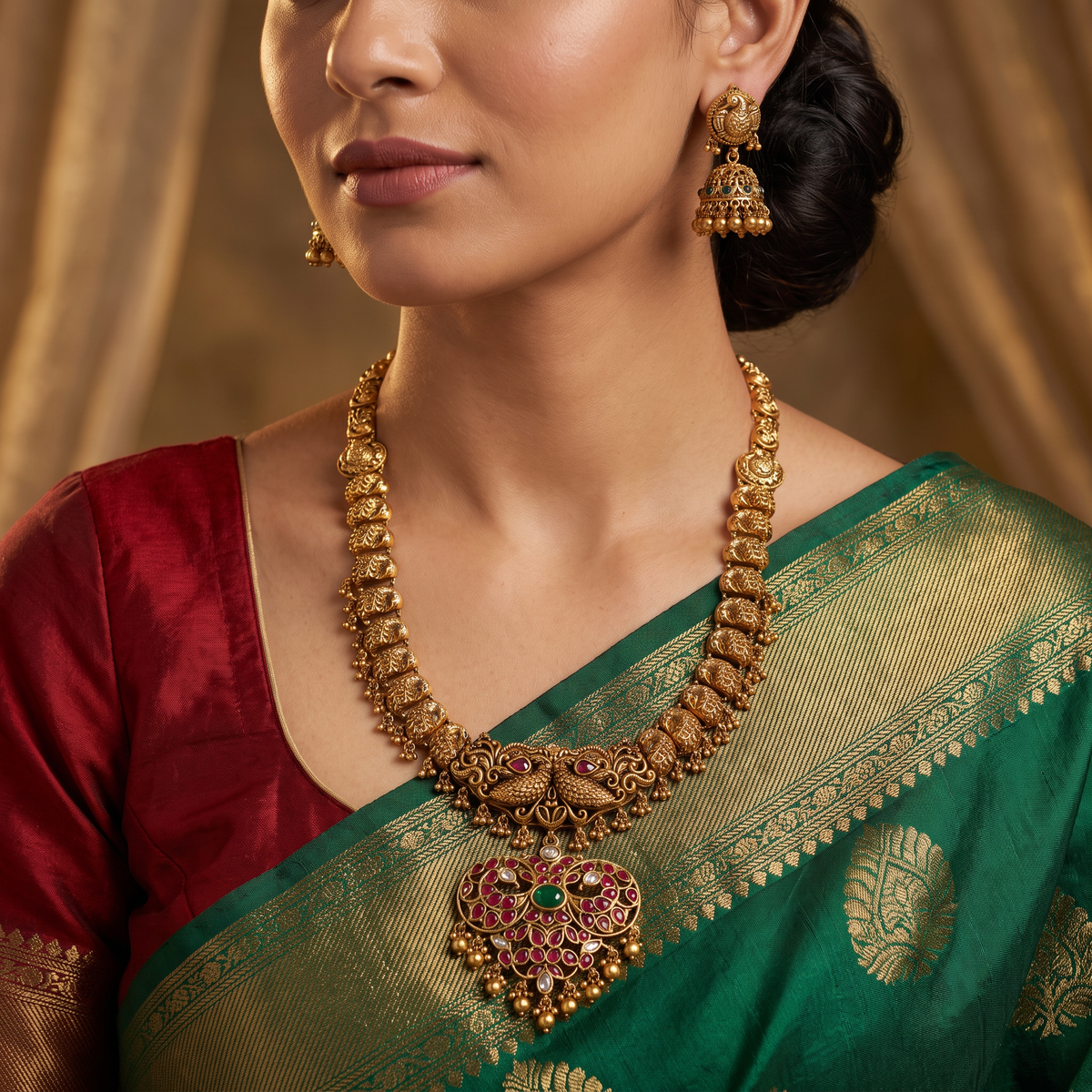 Antique Peacock Heritage Long Haara Set with Pendant