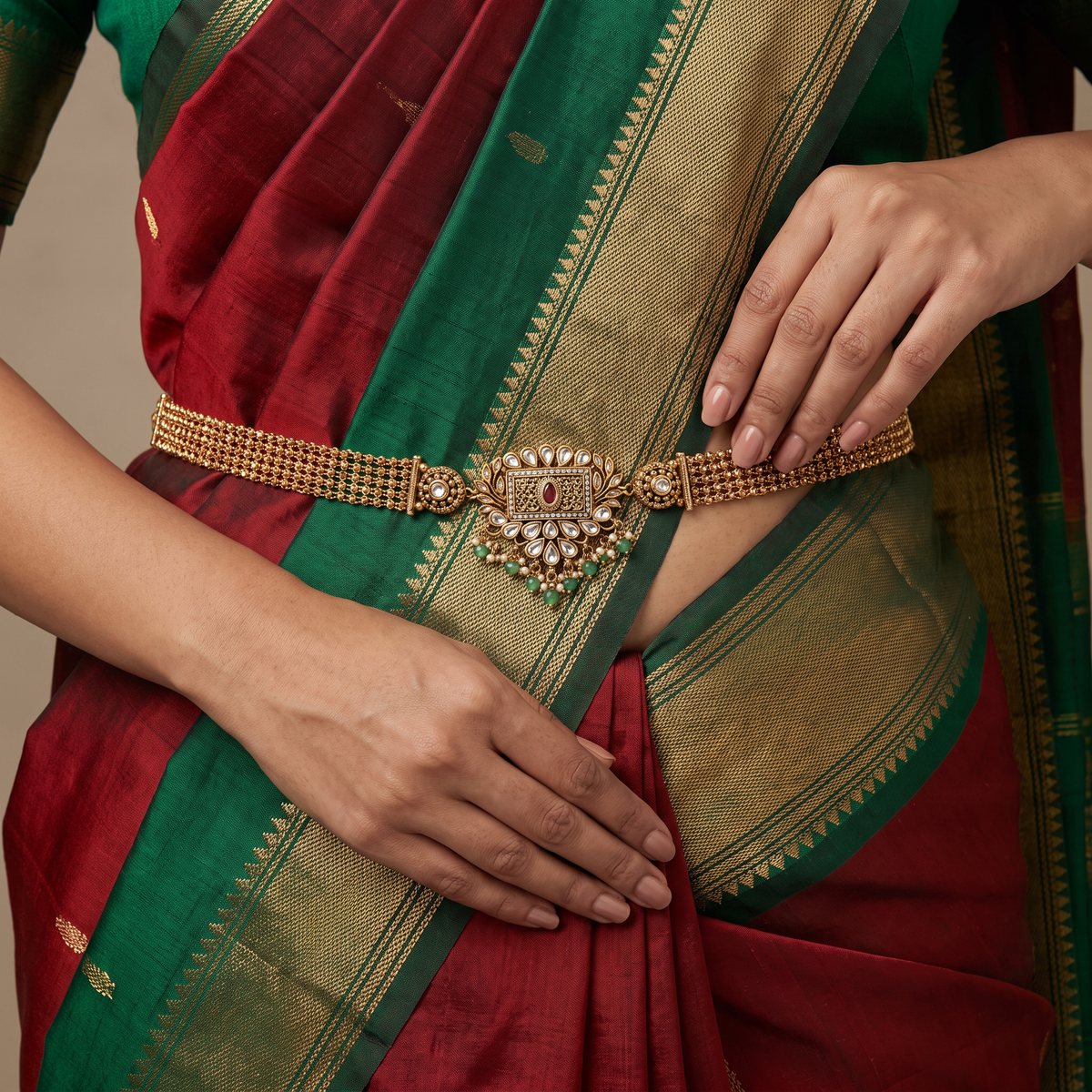 Luxe Antique Waist Belt with Semi-Precious Zircon Floral Centre