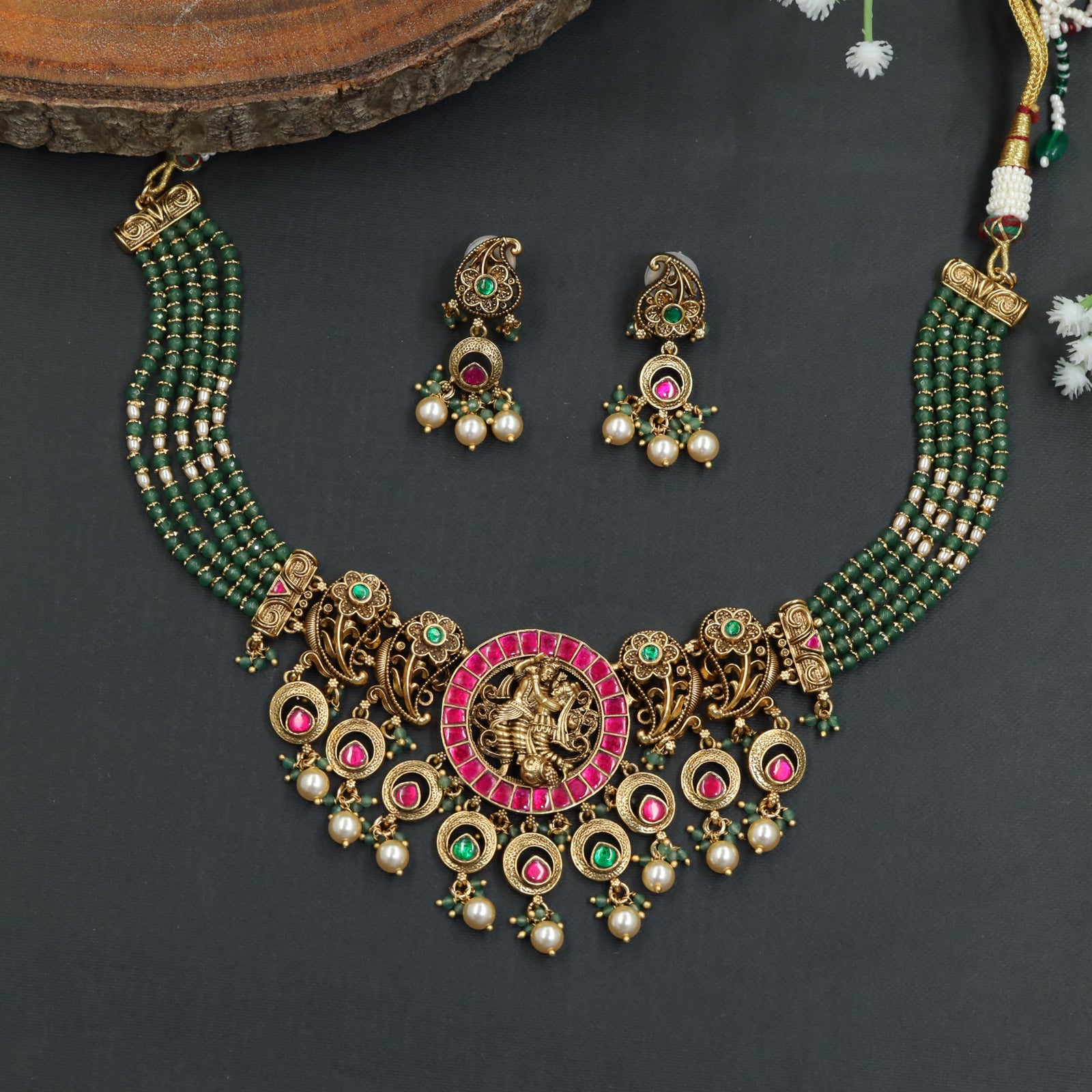Classic Antique Beads Necklace with Krishna Radhe Artwork