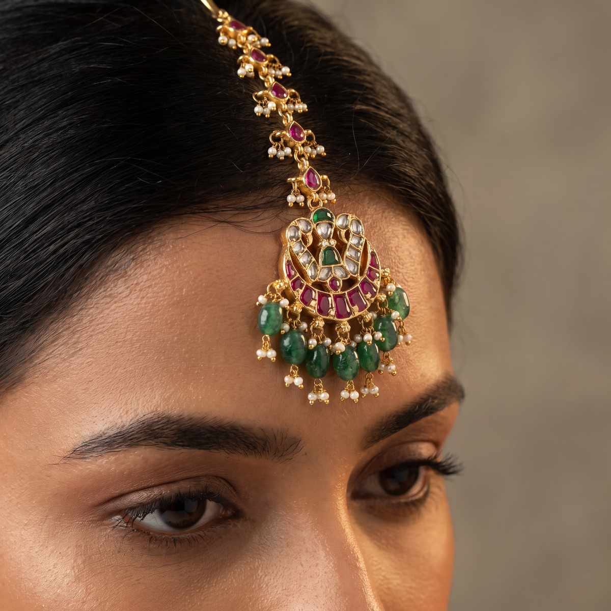 Royal Jadau Tikka with Floral Fan Design