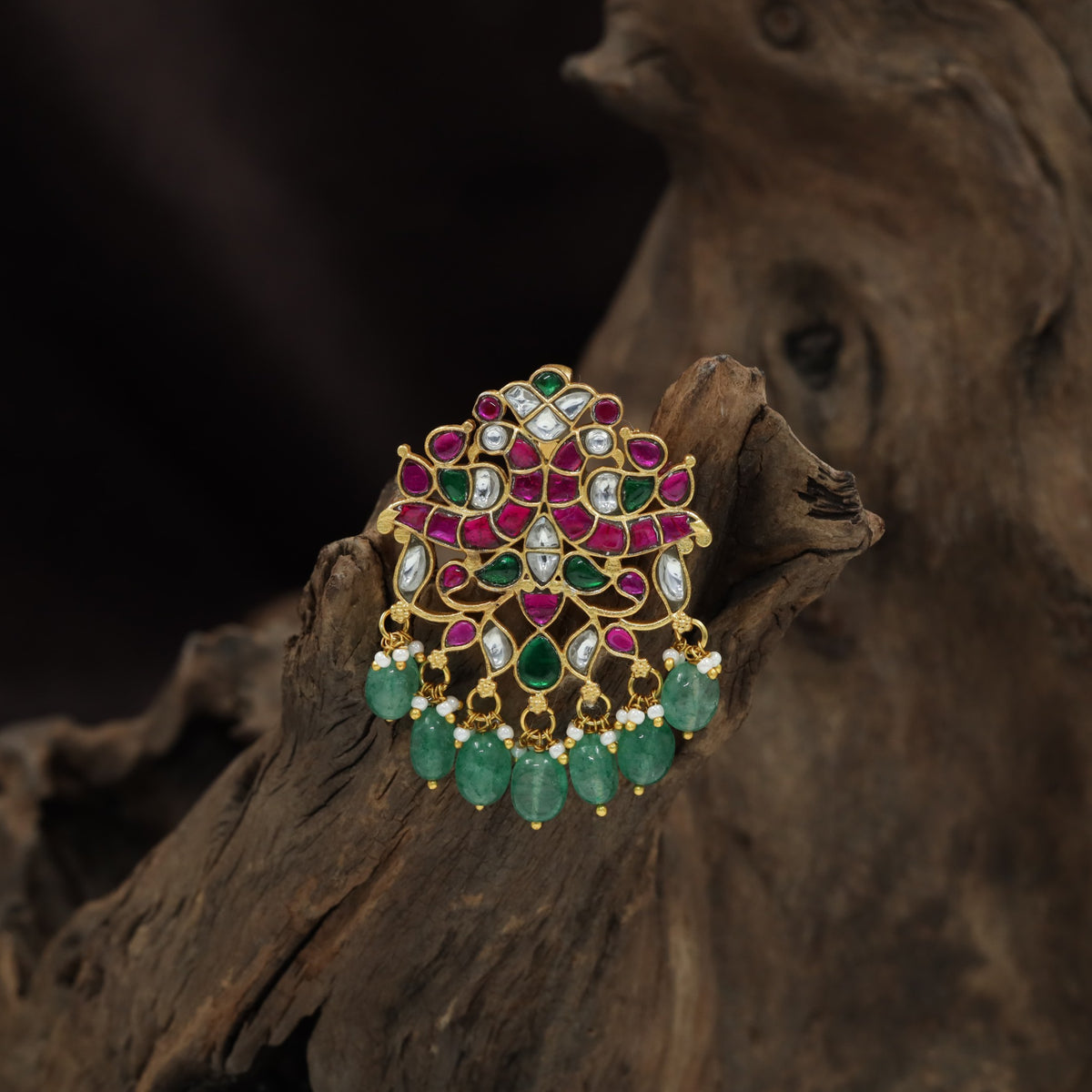 Vintage Peacock Jadau Pendant with Floral Openwork Pattern