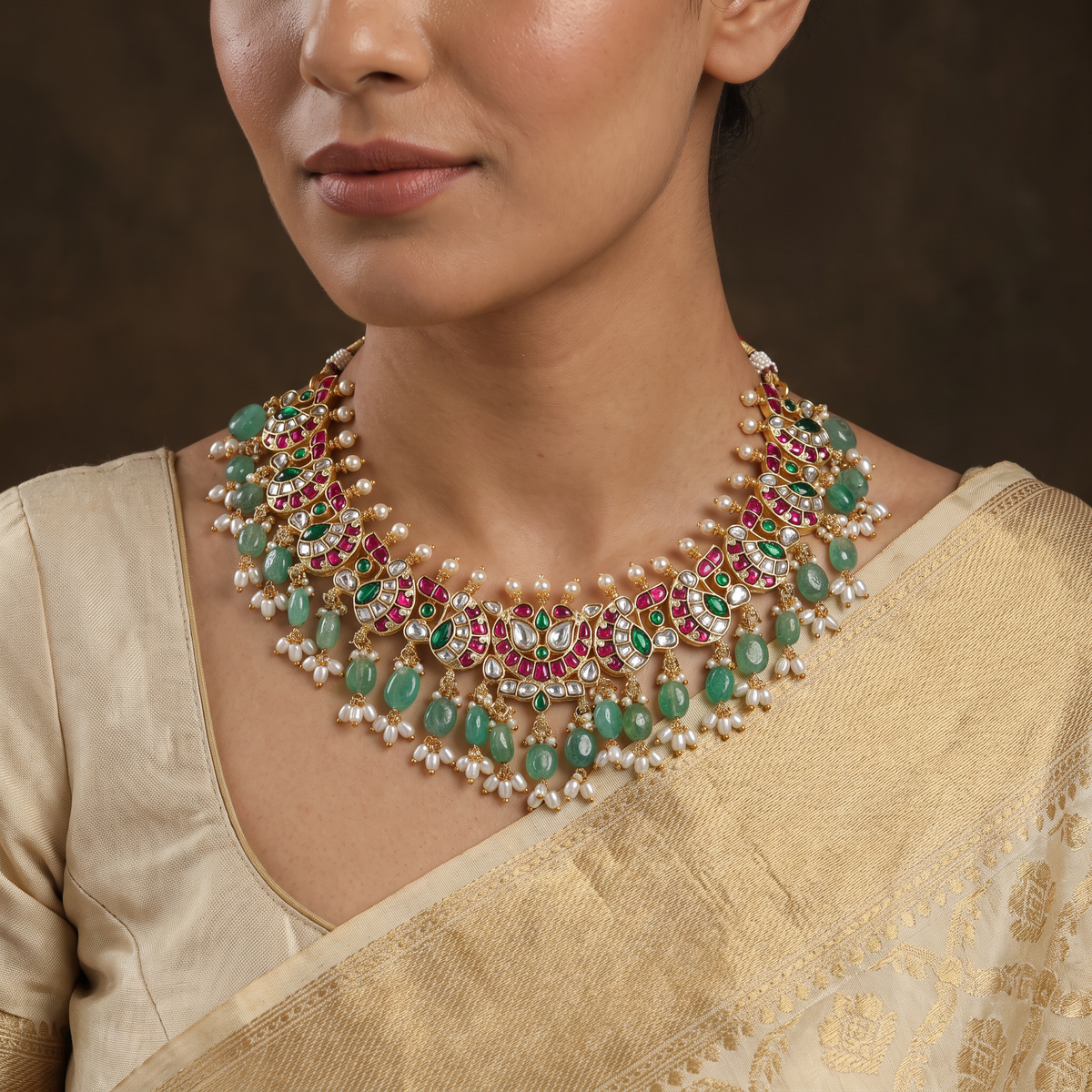 Grand Peacock Jadau Necklace with Intricate Fanwork Links