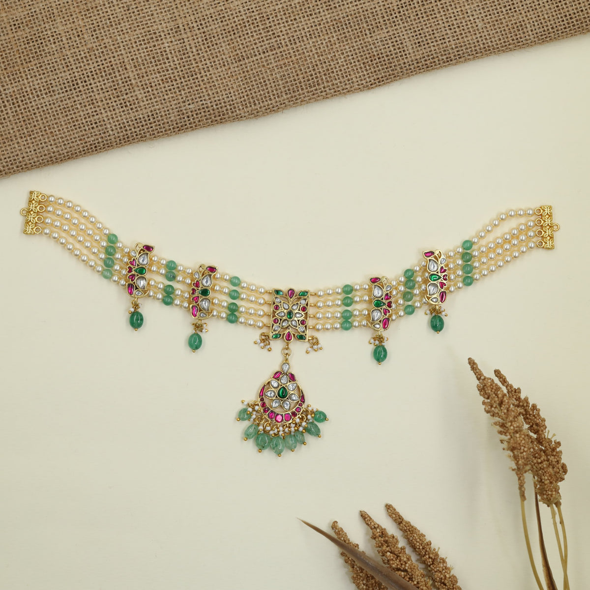 Jadau Beads Choker with Pearl-Style Drop Pendant