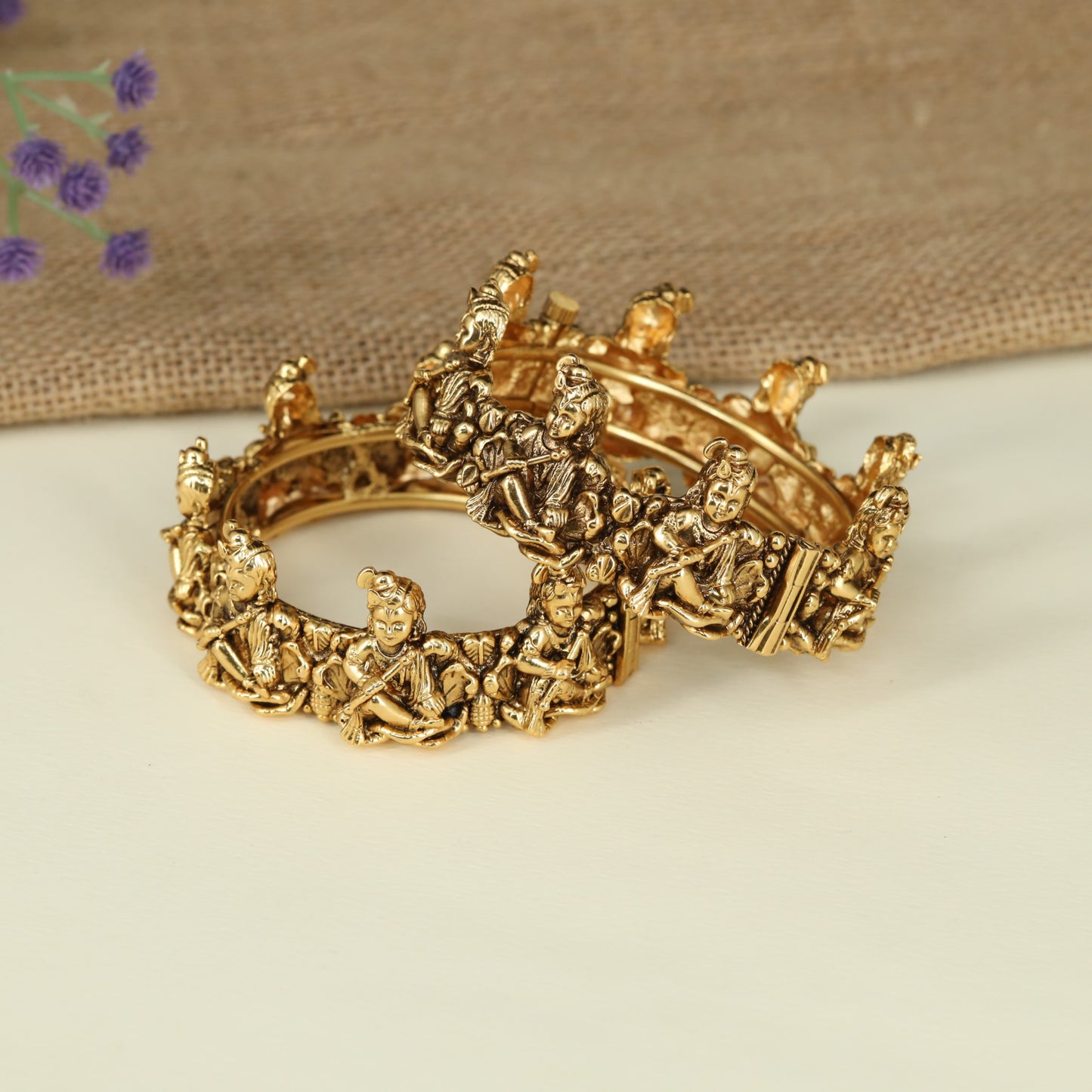 Krishna Antique Bangles with Sculpted Flute Player Temple Design