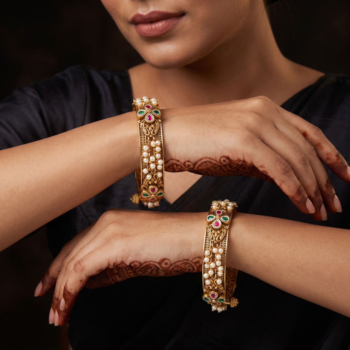 Pearl Fringe Antique Bangles with Floral Crest