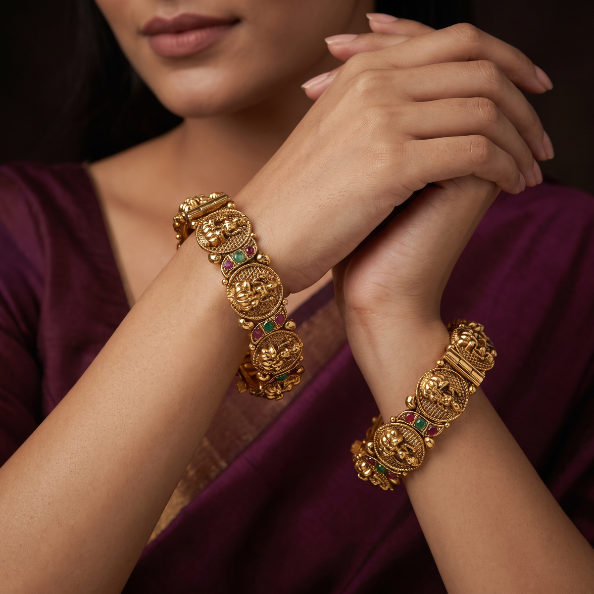 Lakshmi Antique Bangles with Circular Temple Panels