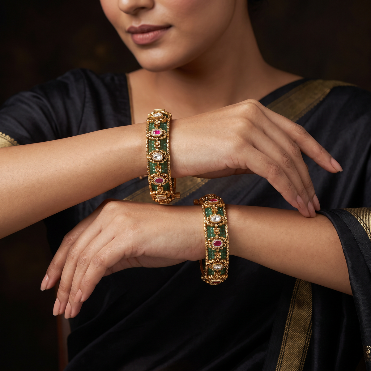 Floral Oval Antique Bangles with Textured Borders