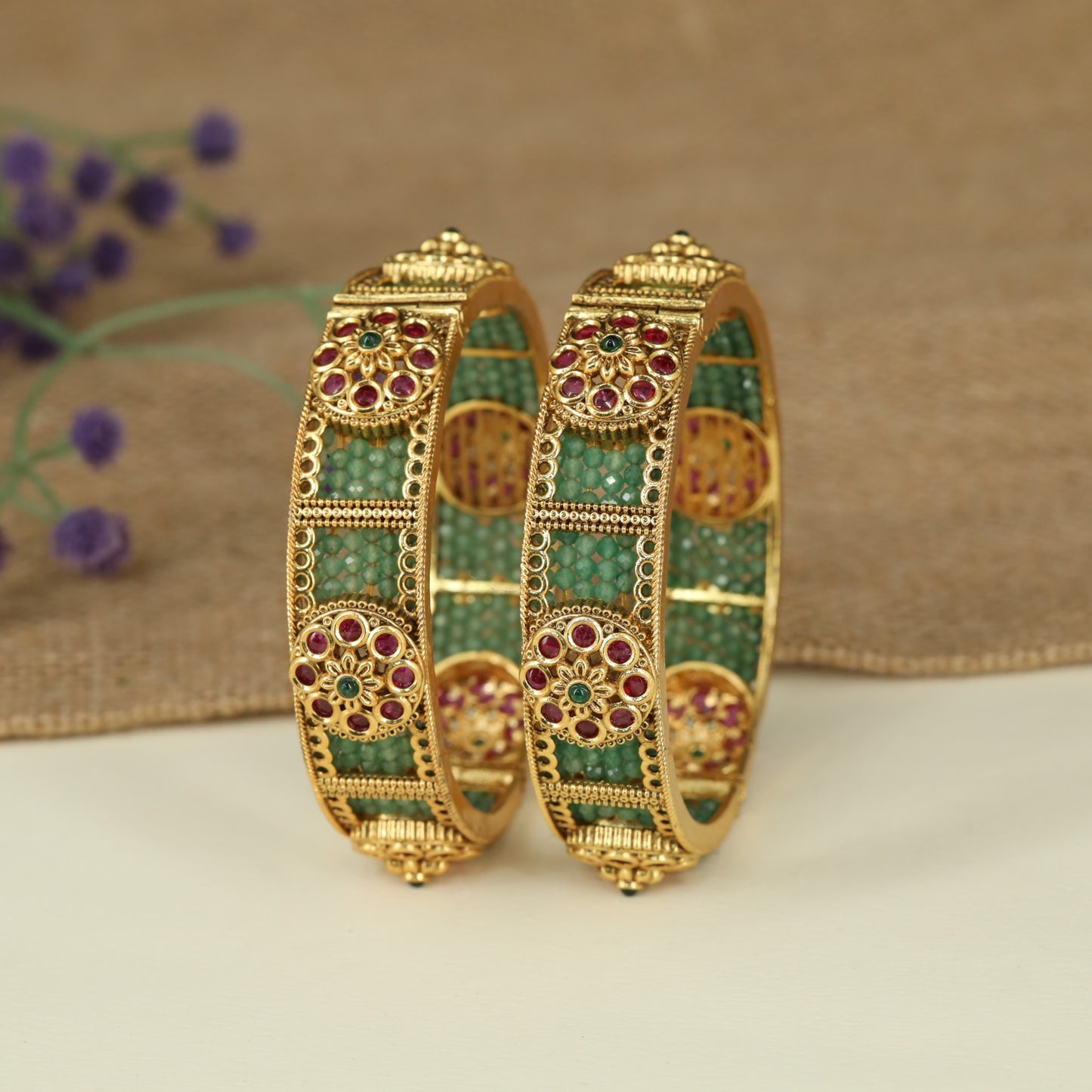 Decorative Rosette Antique Bangles Featuring Beaded Border Detailing